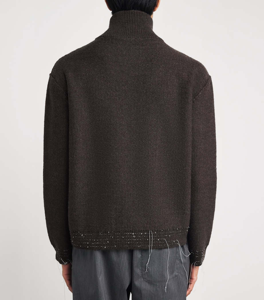 Maison Margiela Mens Wool-Blend Distressed Quarter-Zip Sweater Brown Image 5