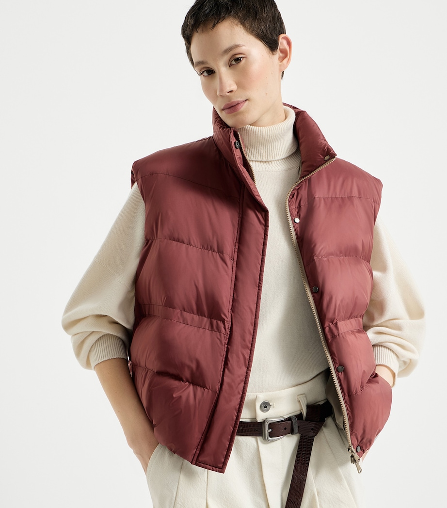 Brunello Cucinelli Womens Water-Resistant Monili-Detail Gilet Rosso Mattone Image 2