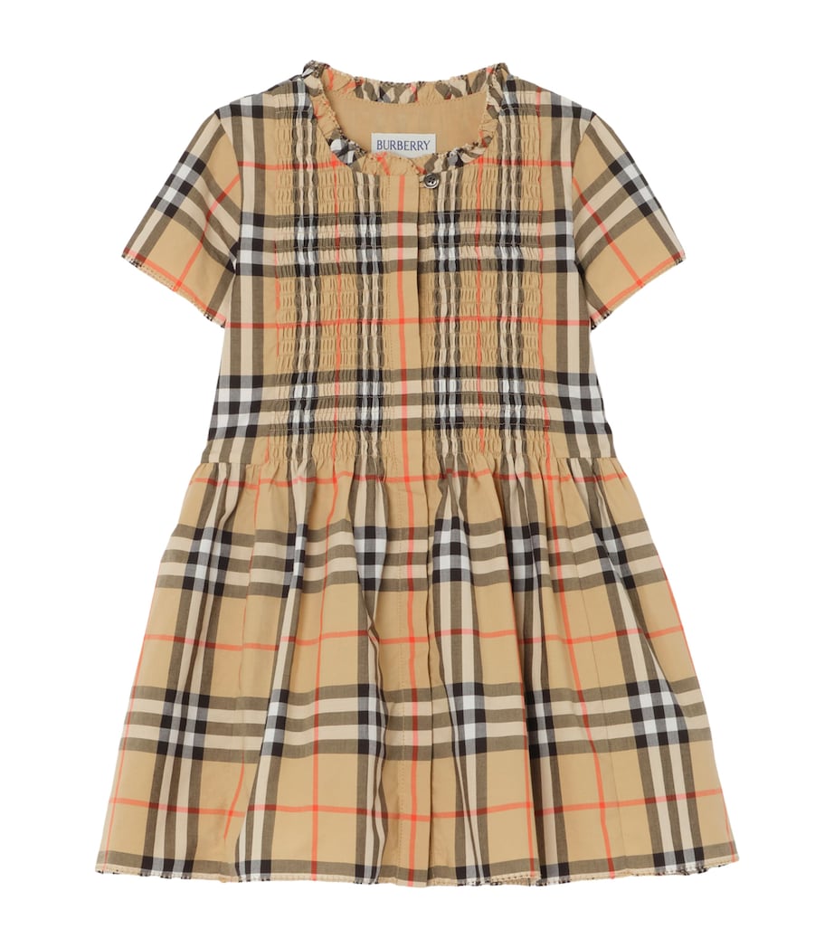 Burberry Kids Cotton Smocked Check Dress (3-36 Months) Sand Ip Check Image 1