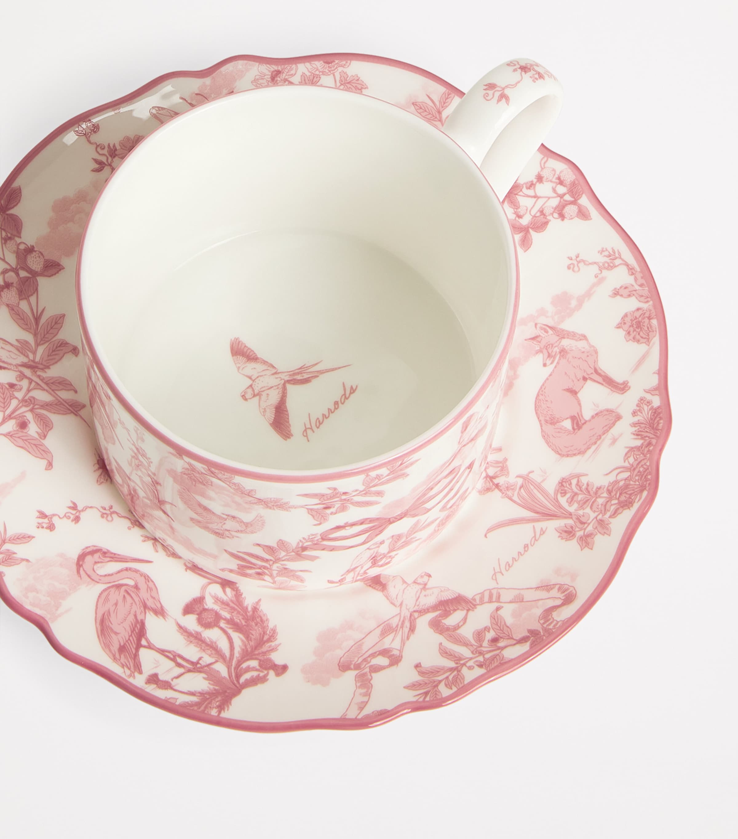 Harrods Bone China Toile Teacup and Saucer Set Pink Image 4
