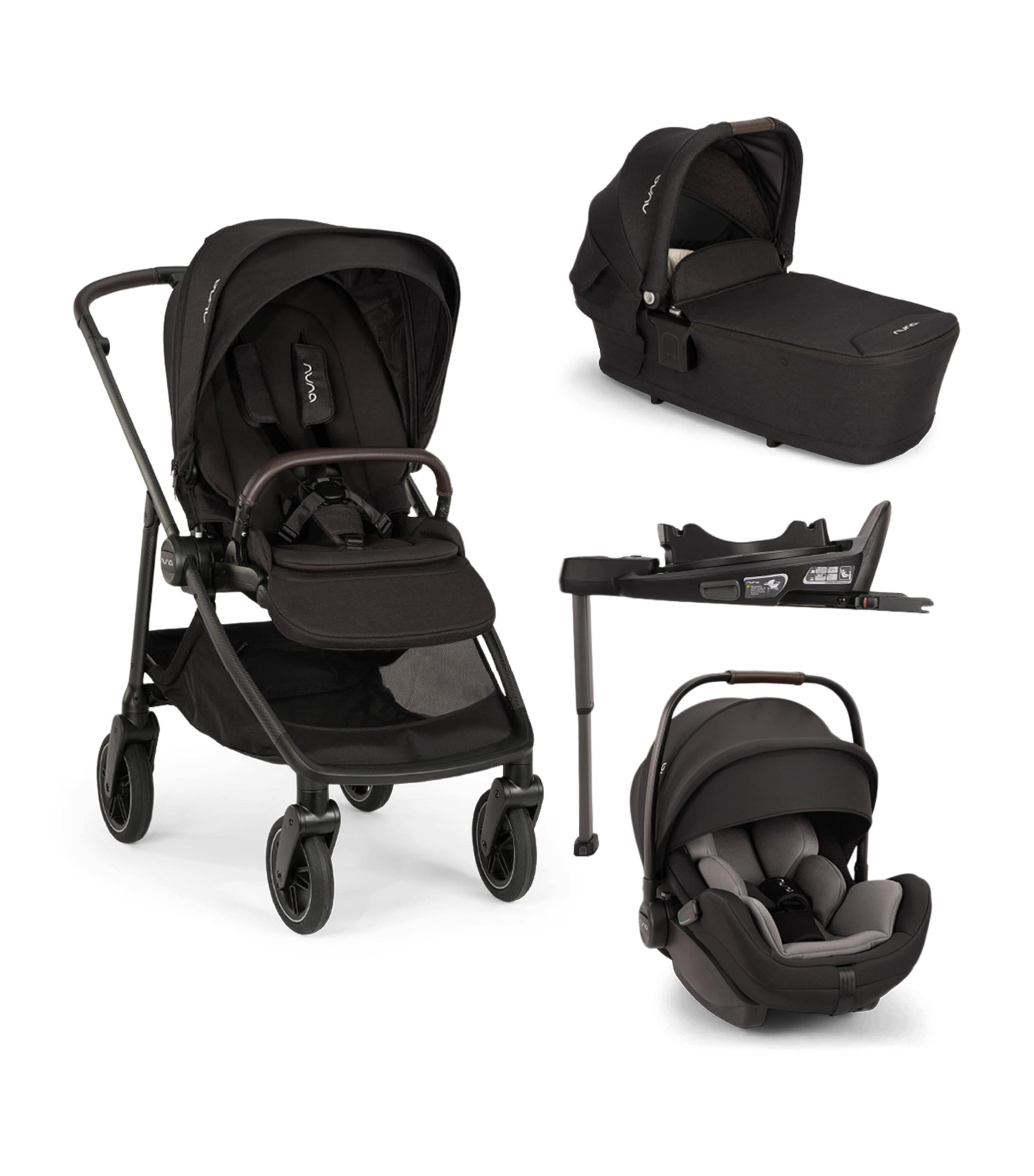 Nuna SWIV Pushchair, LYTL Carry Cot, ARRA Flex Car Seat and BASE Curv Adaptor Bundle Caviar Image 1