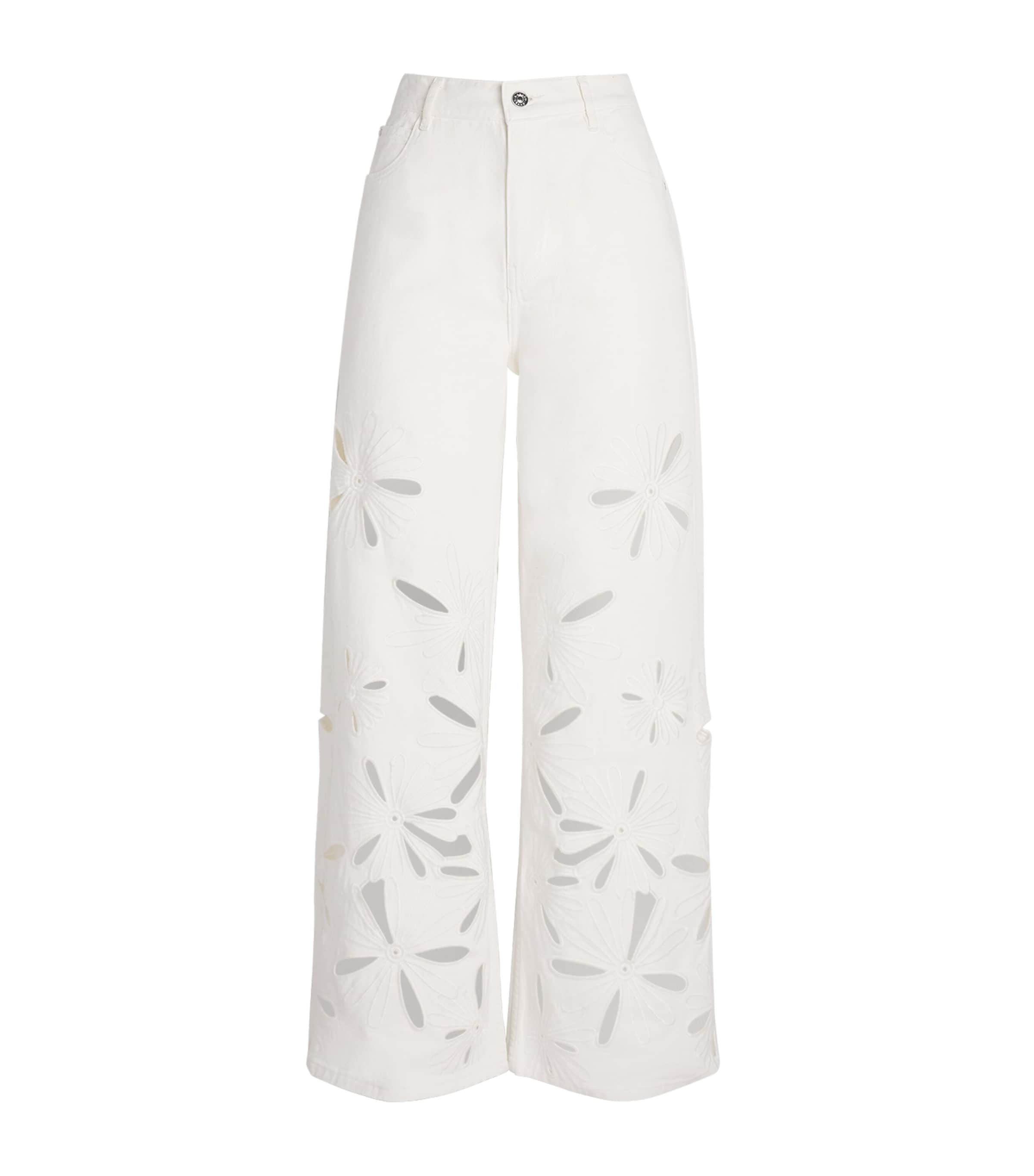 Sandro Paris Womens Embroidered Cut-Out Wide-Leg Jeans White Image 1