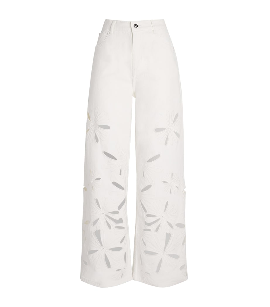 Sandro Paris Womens Embroidered Cut-Out Wide-Leg Jeans White Image 1