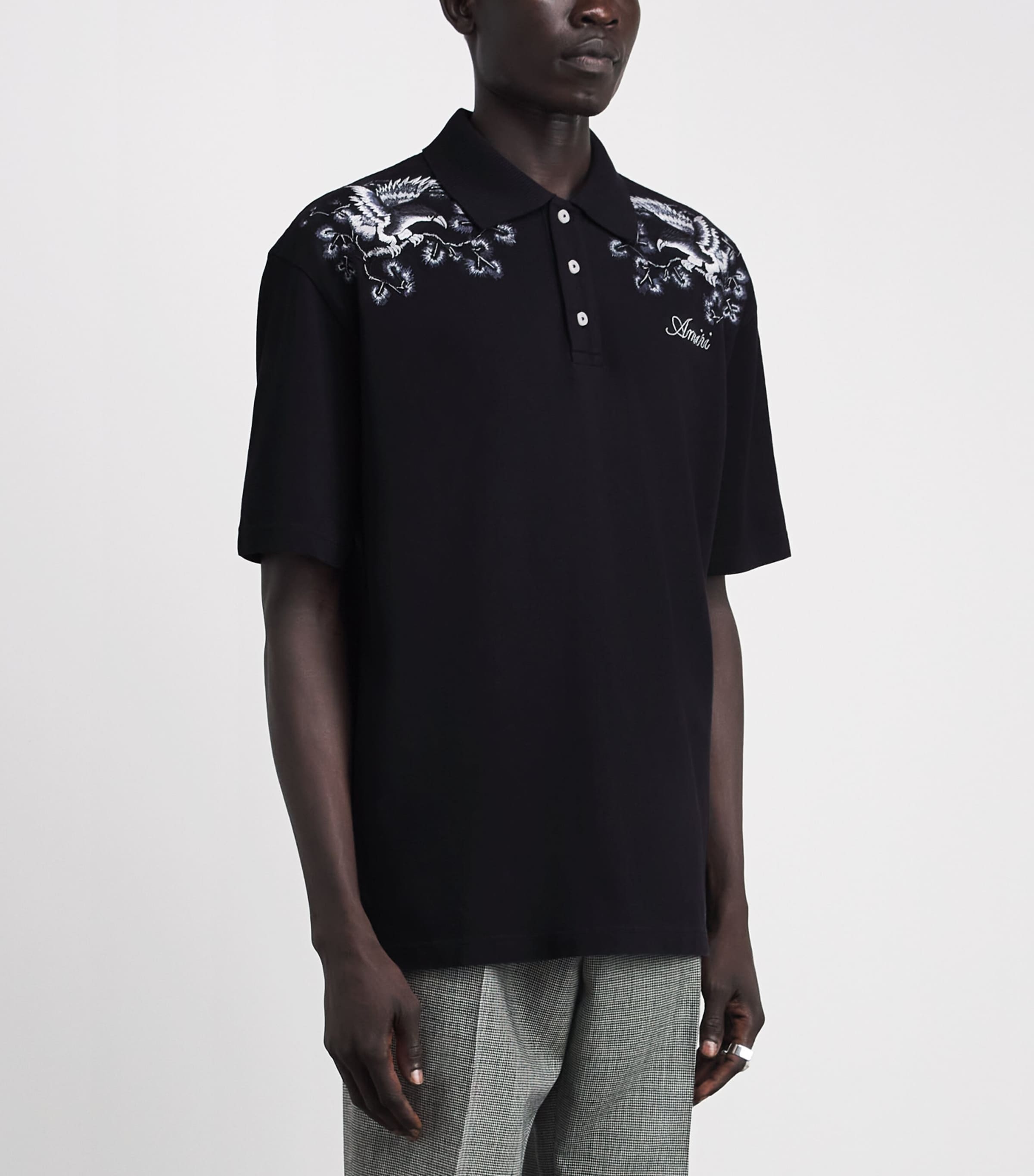 AMIRI Mens Cotton Floral-Embroidered Polo Shirt Black Image 4