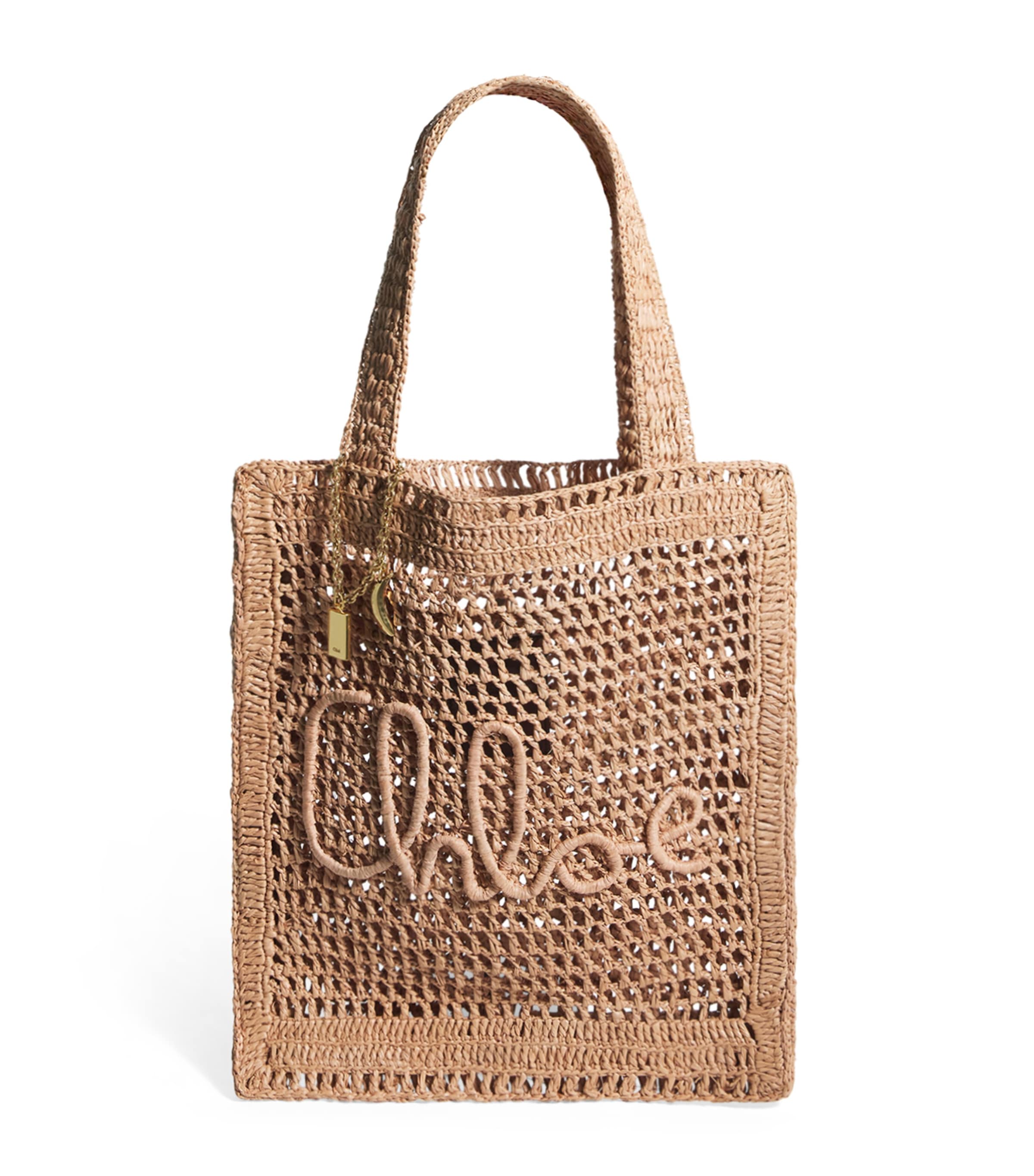 Chloé Summer Banana Embellished Crocheted Embroidered Faux Raffia Tote In Beige