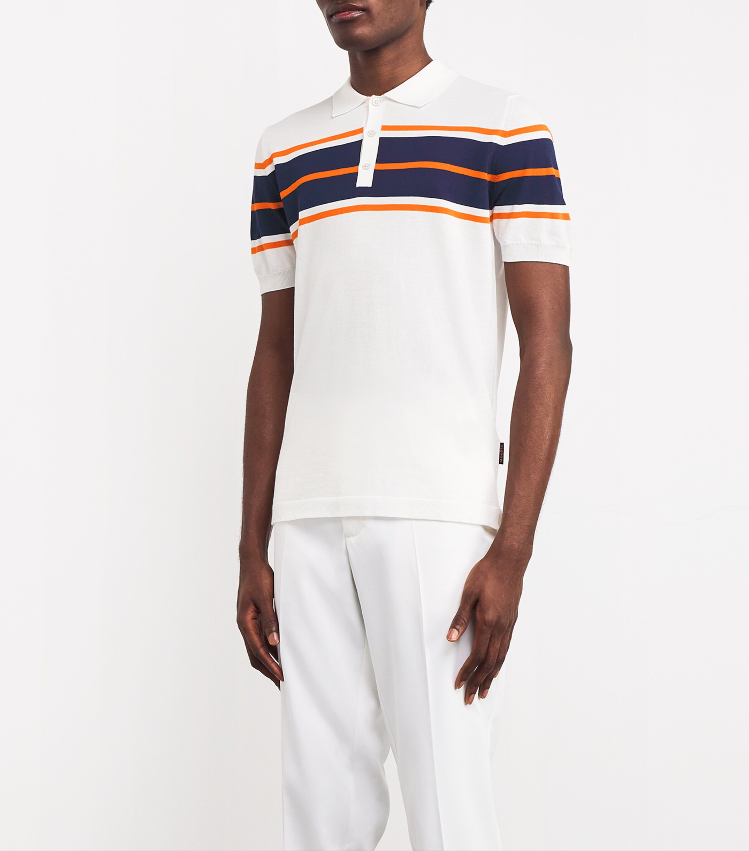 Cotton Stripe-Detail Polo Shirt V2509-BIANCO/NAVY Image 3
