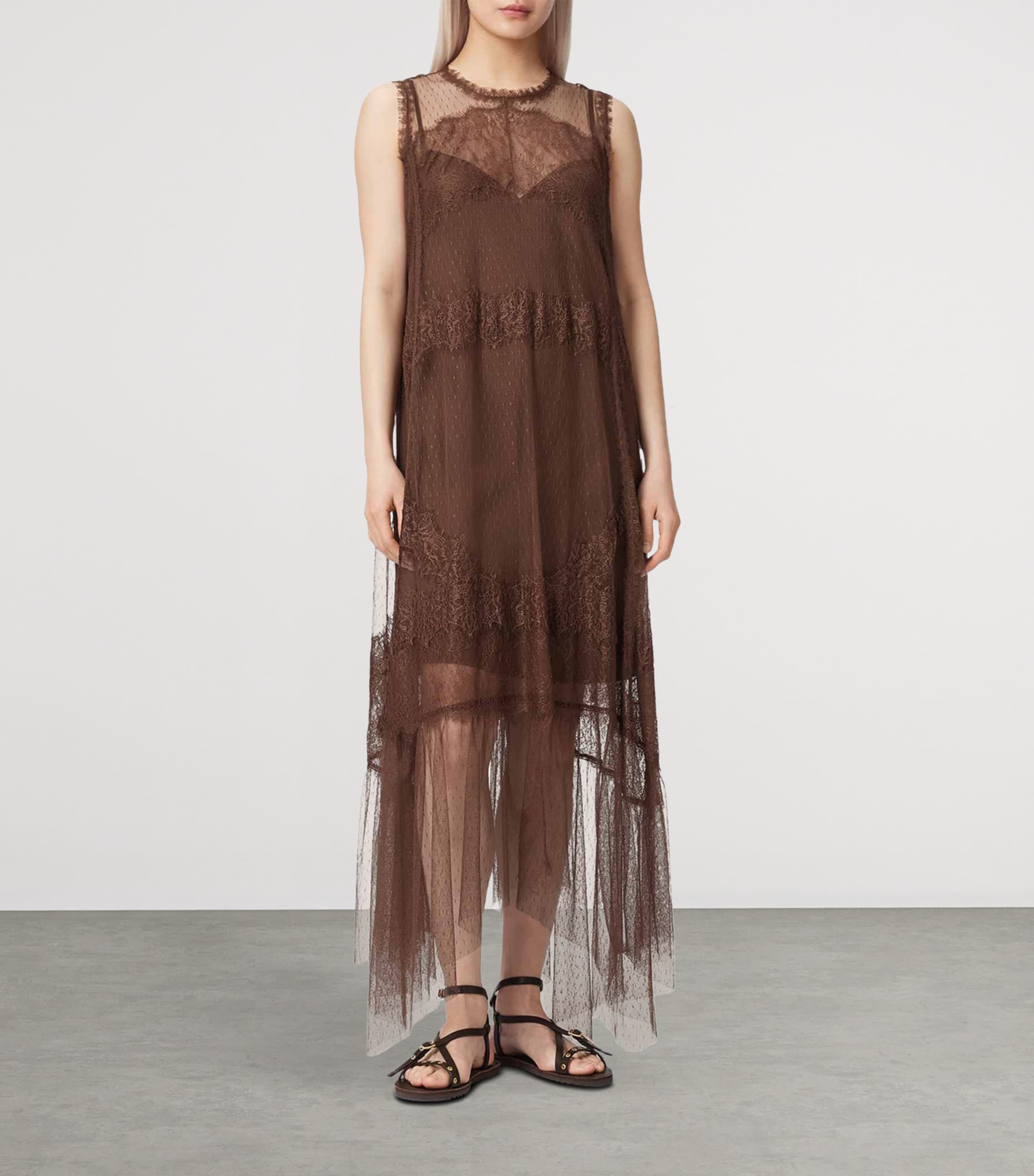 AllSaints Womens Tulle Lace-Trimmed Clara Midi Dress Bitter Brown Image 2