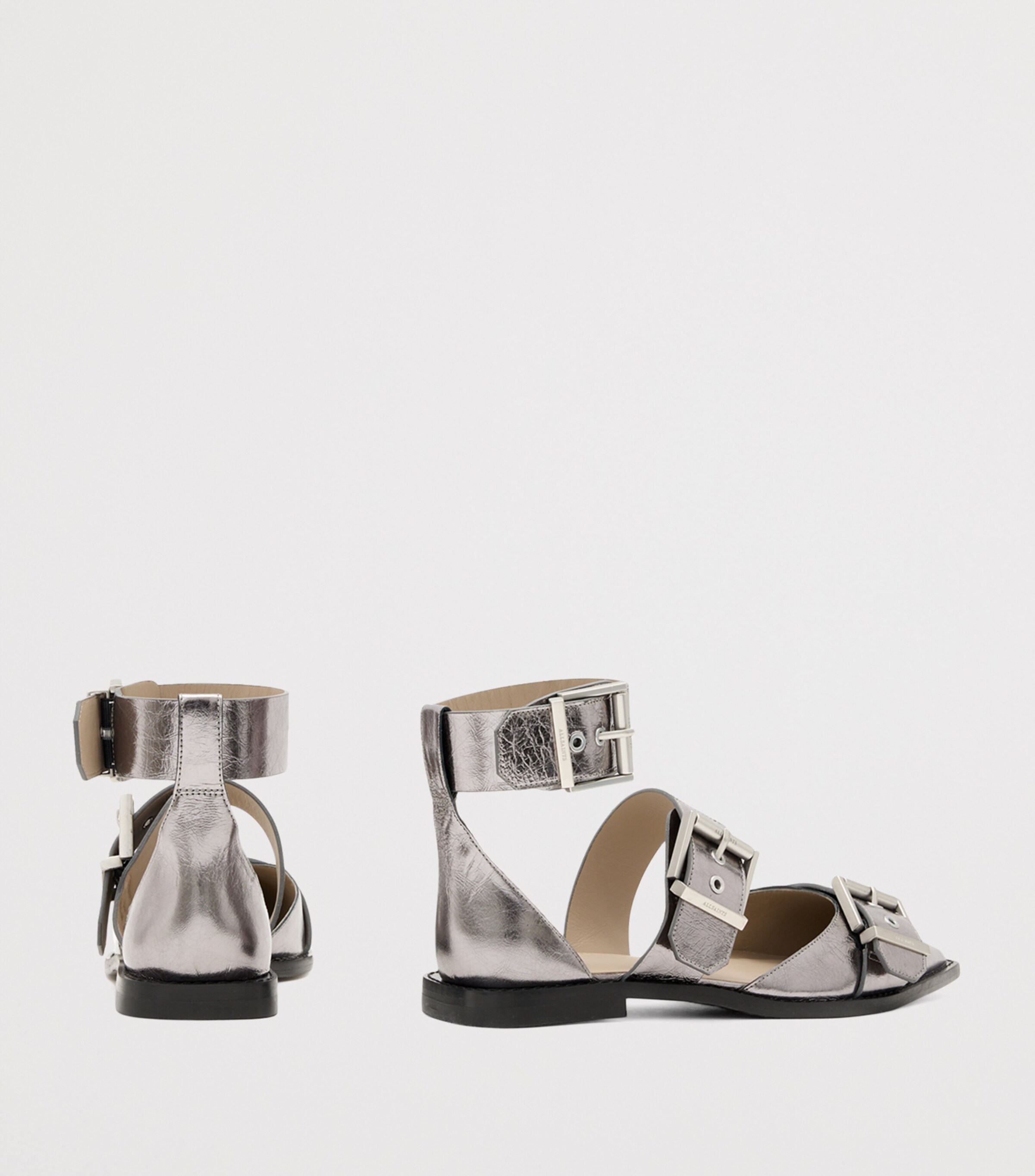 AllSaints Metallic Leather Sutton Ballet Flats Gunmetal Grey Image 4