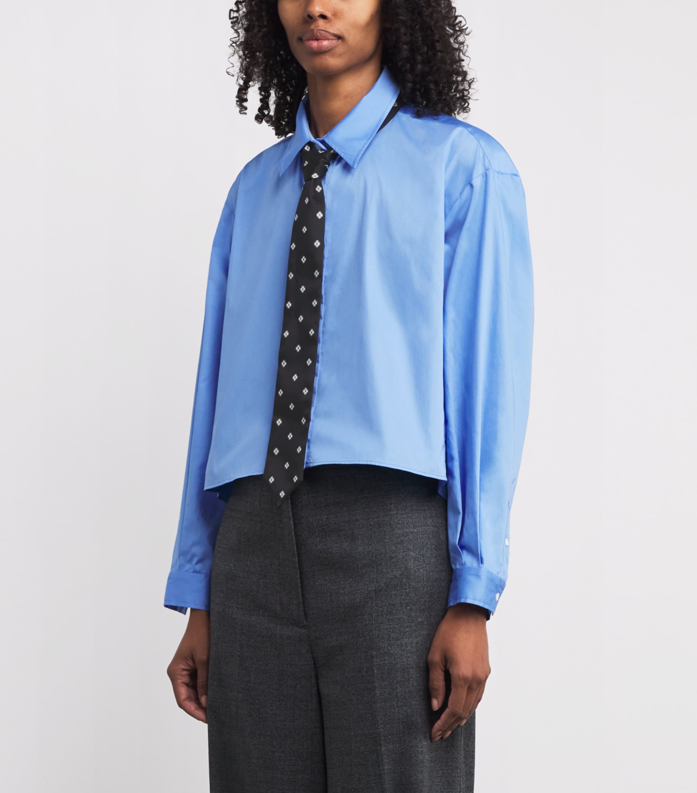 Cotton Cropped Shirt and Tie BLUE Image 3