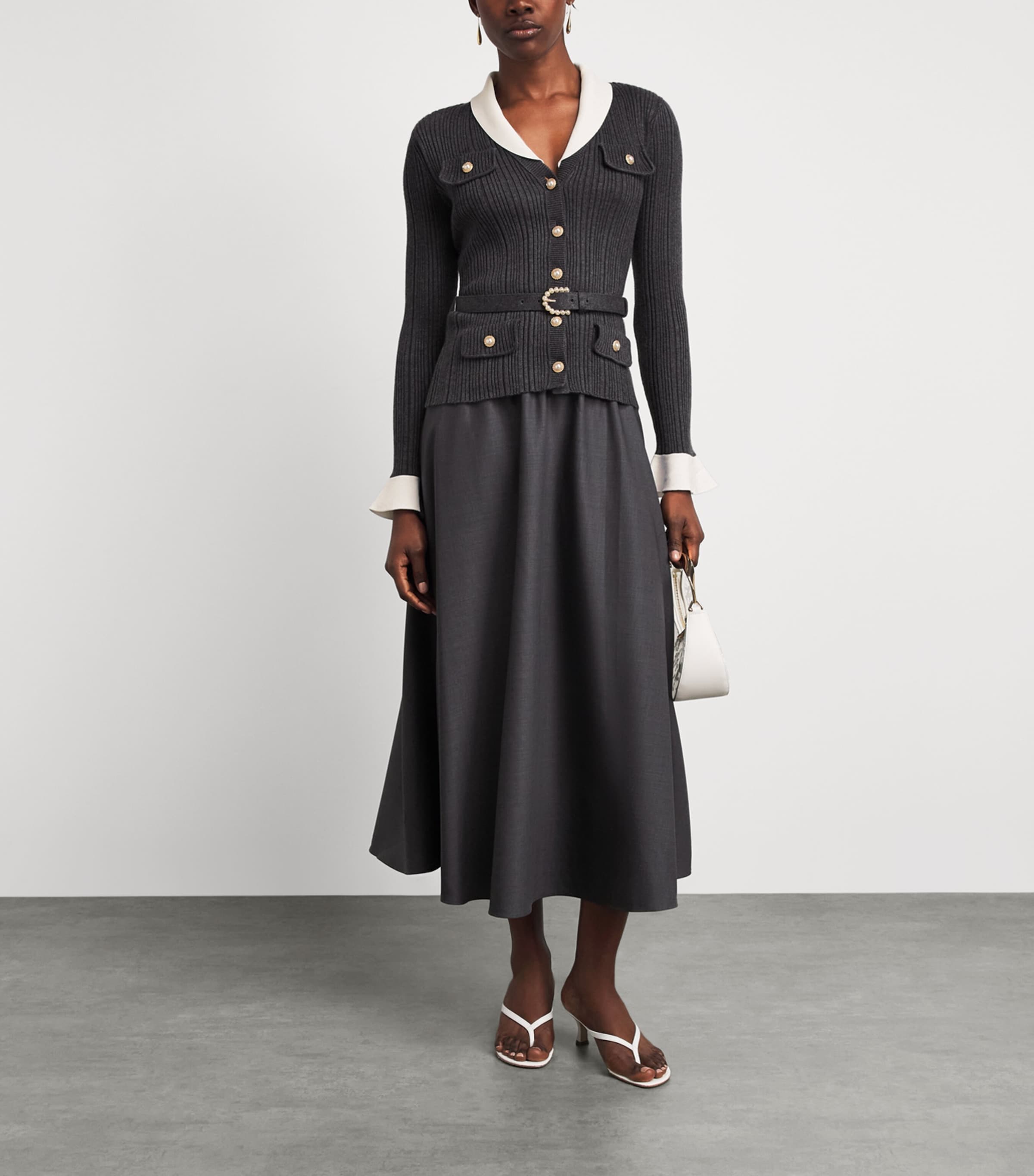 Self-Portrait Knit Twill Midi Dress Grey Image 2