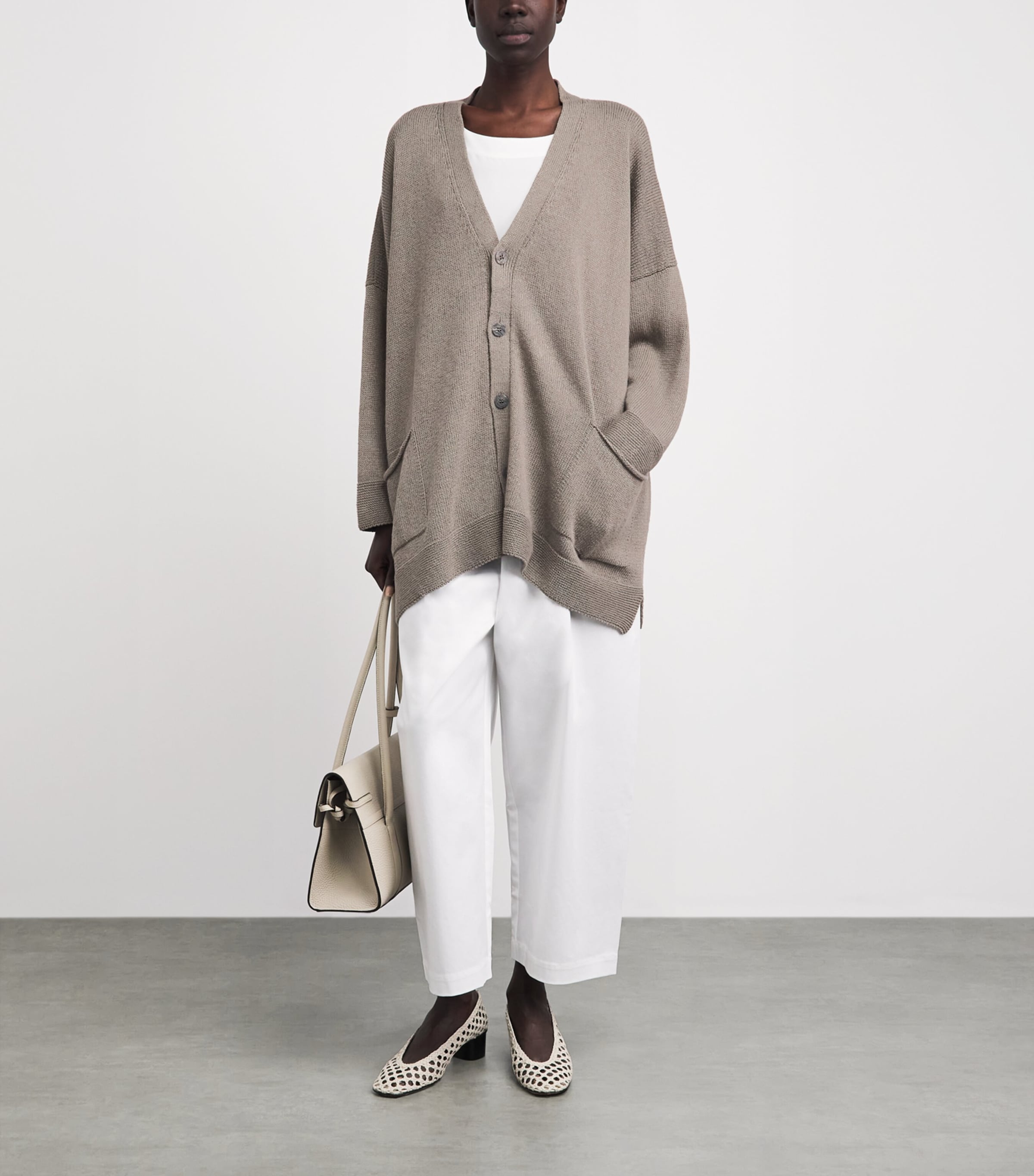 Eskandar Womens Linen-Organic Cotton V-Neck Cardigan Mink Image 2