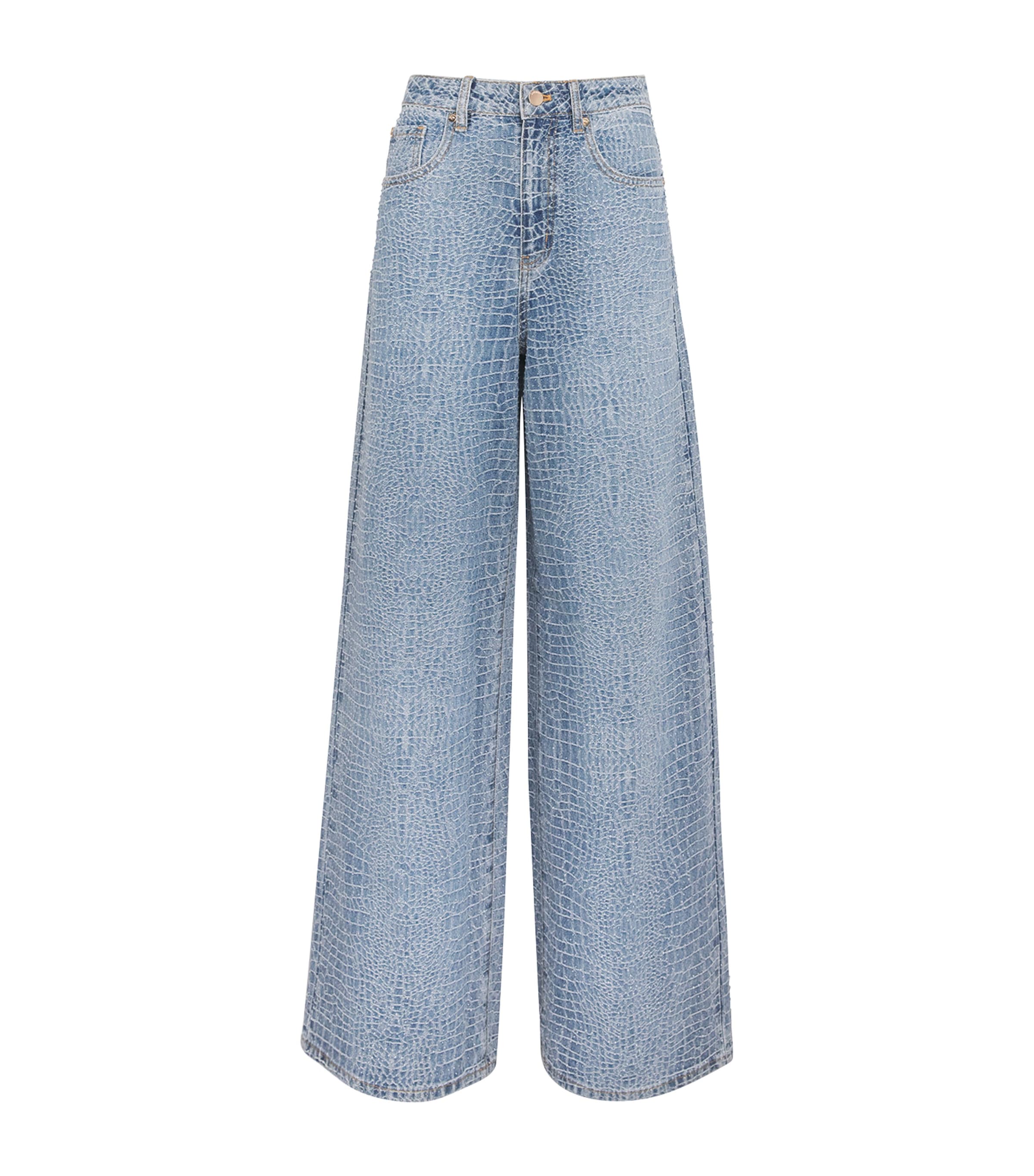 Self-Portrait Womens Croc-Effect Wide-Leg Jeans Blue Image 1