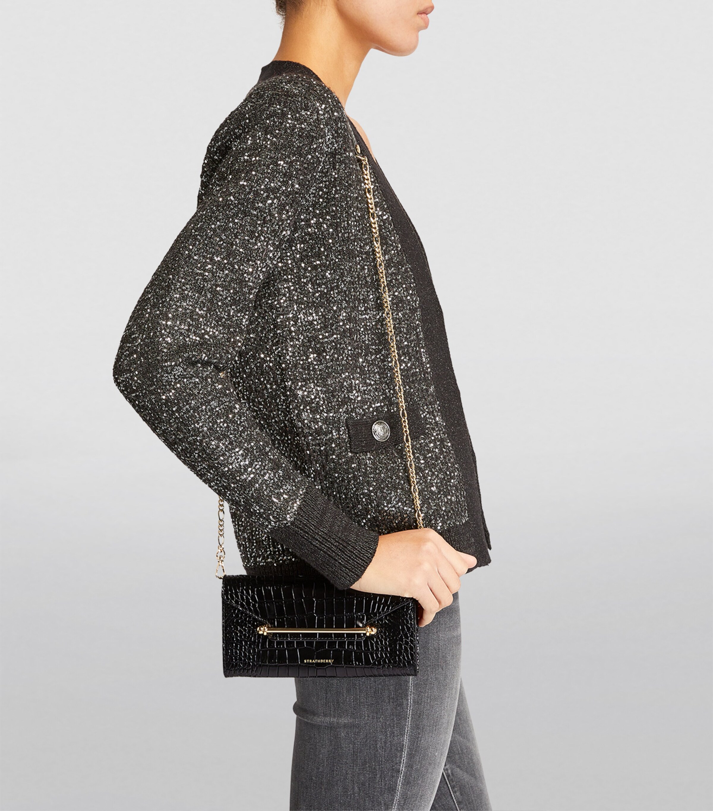 Strathberry Black Leather Multrees Croc-Effect Chain Wallet | Harrods US
