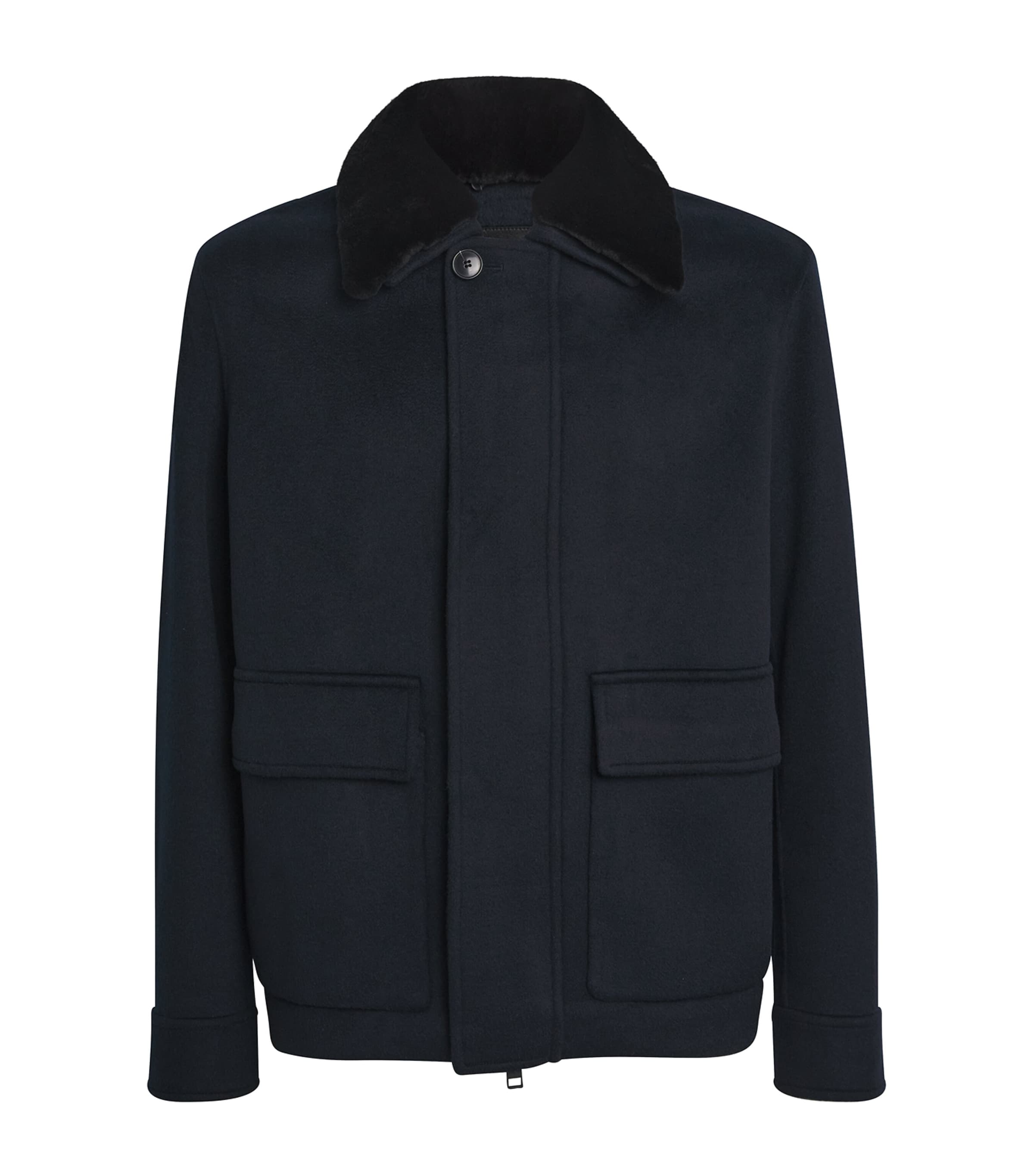 Yves Salomon Jacket In Double-sided Wool-cashmere Fabric With Mink Collar In Blue