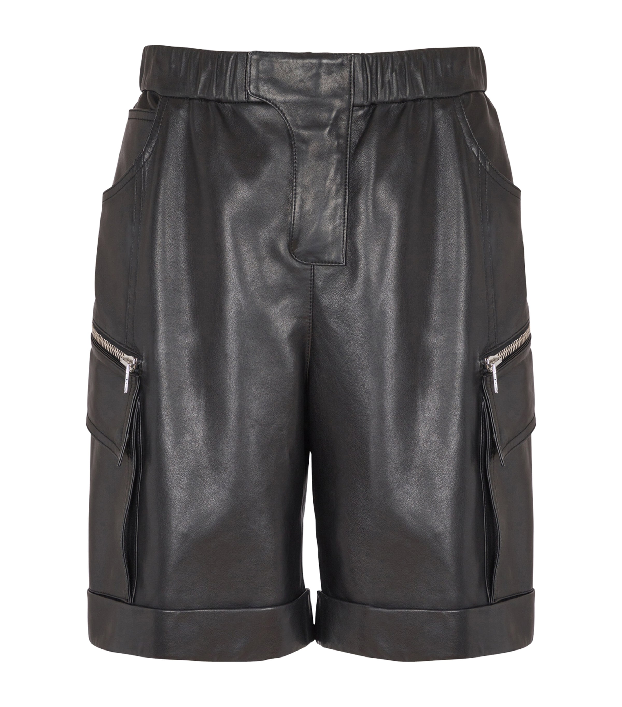 Balmain Leather Cargo Bermuda Shorts In Black