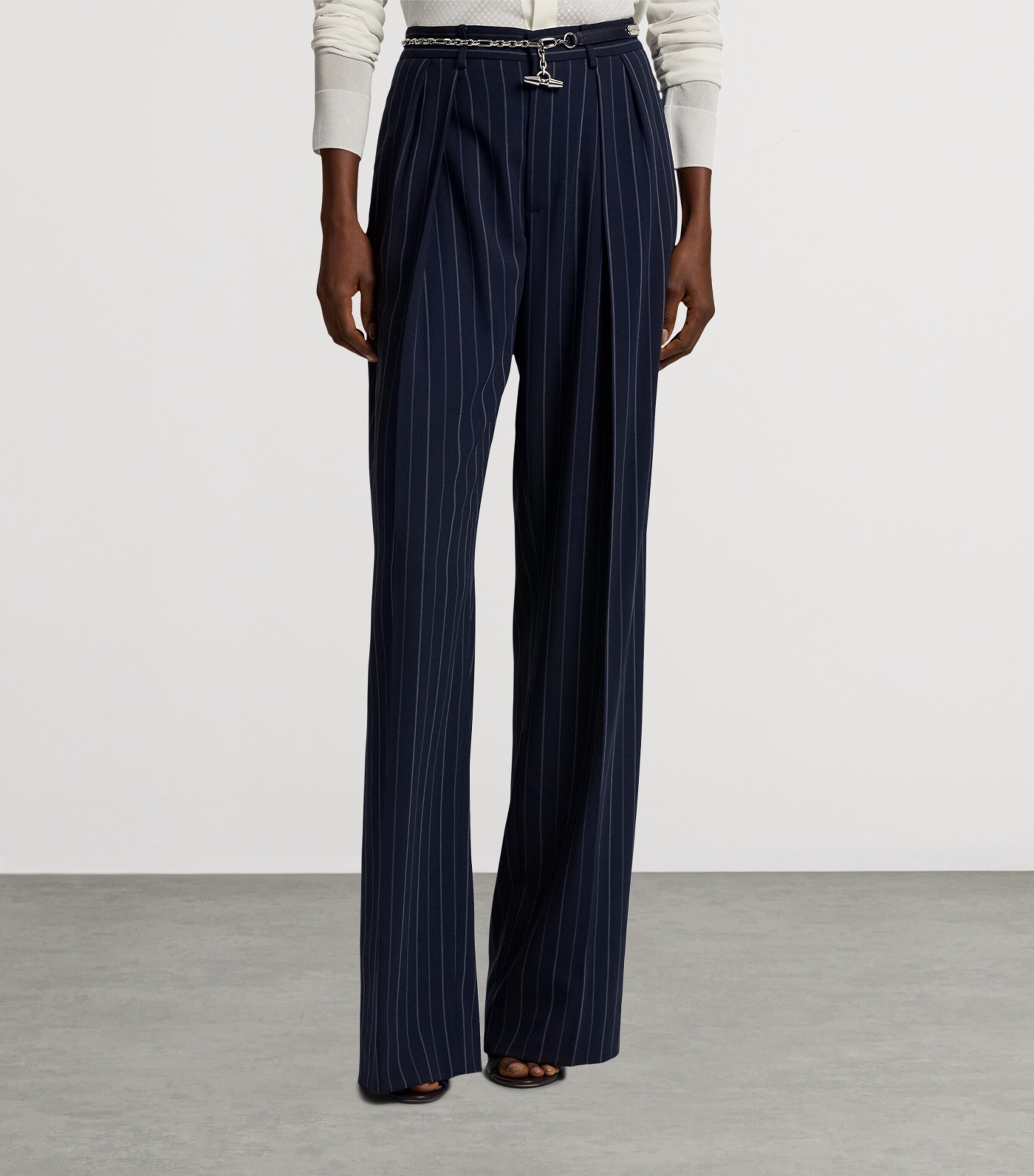 Ralph Lauren Collection Womens Wool Pinstripe Jody Wide-Leg Trousers Navy Image 9