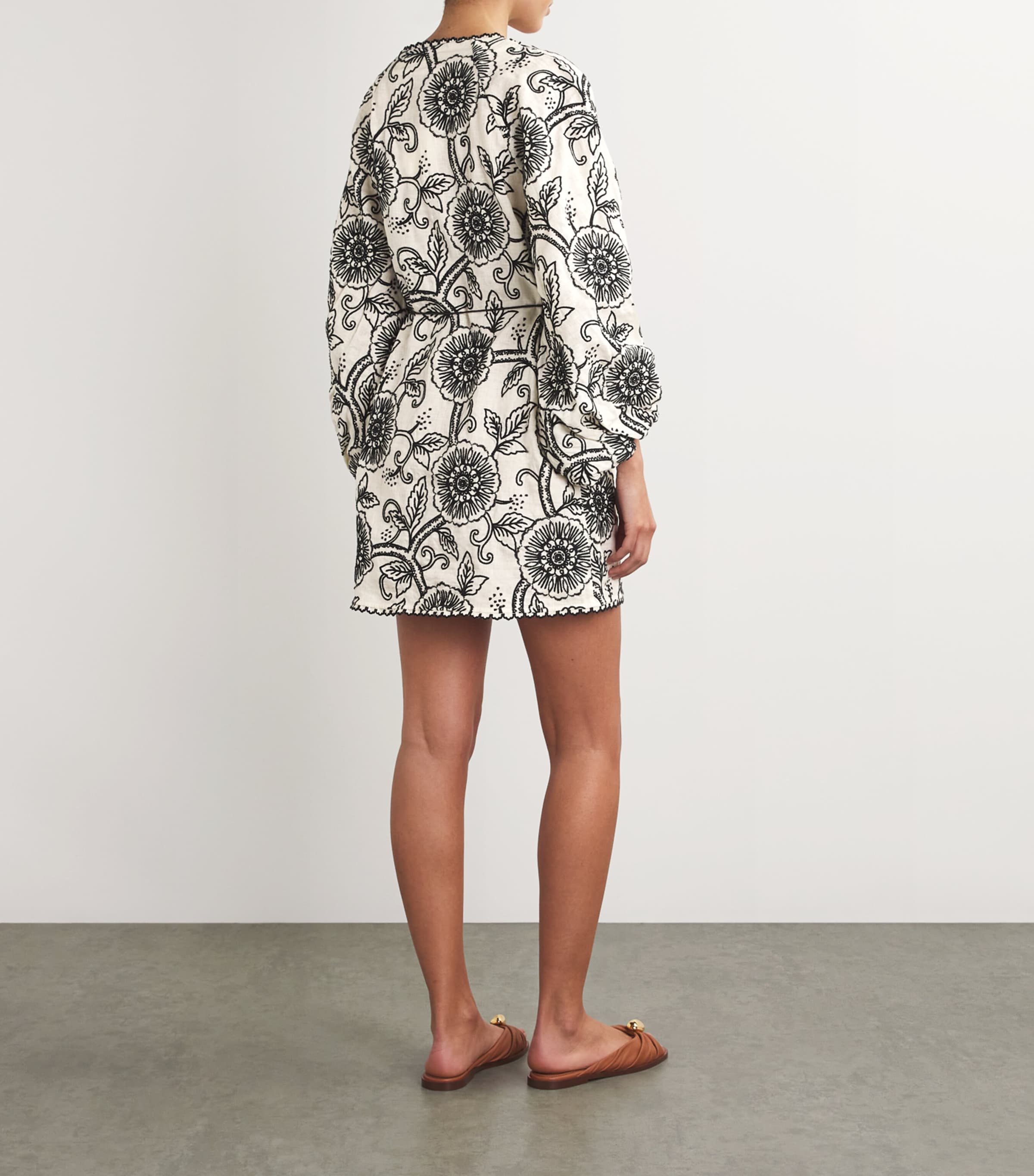 Linen Embroidered Mini Dress IVORY/BLACK Image 3