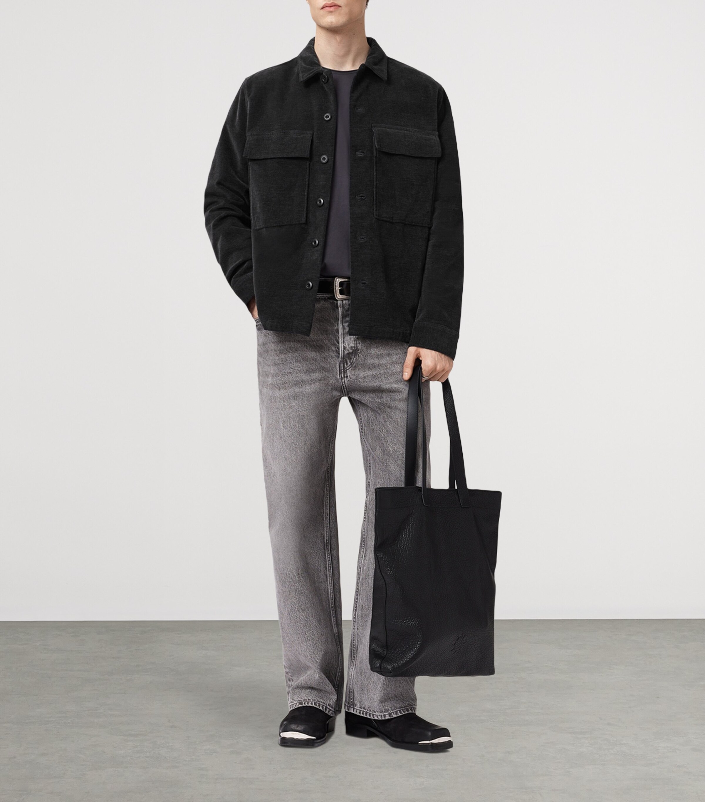 AllSaints Mens Corduroy Hawker Overshirt Faded Black Image 3