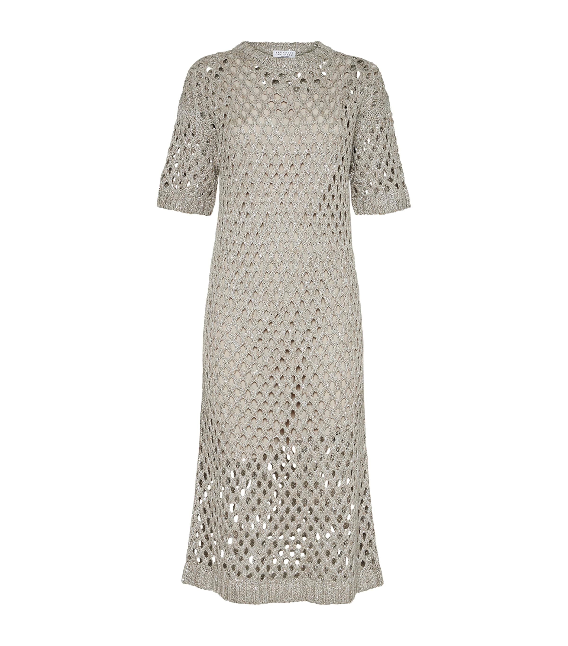 Brunello Cucinelli Net Dazzling Knitted Midi Dress In Gray