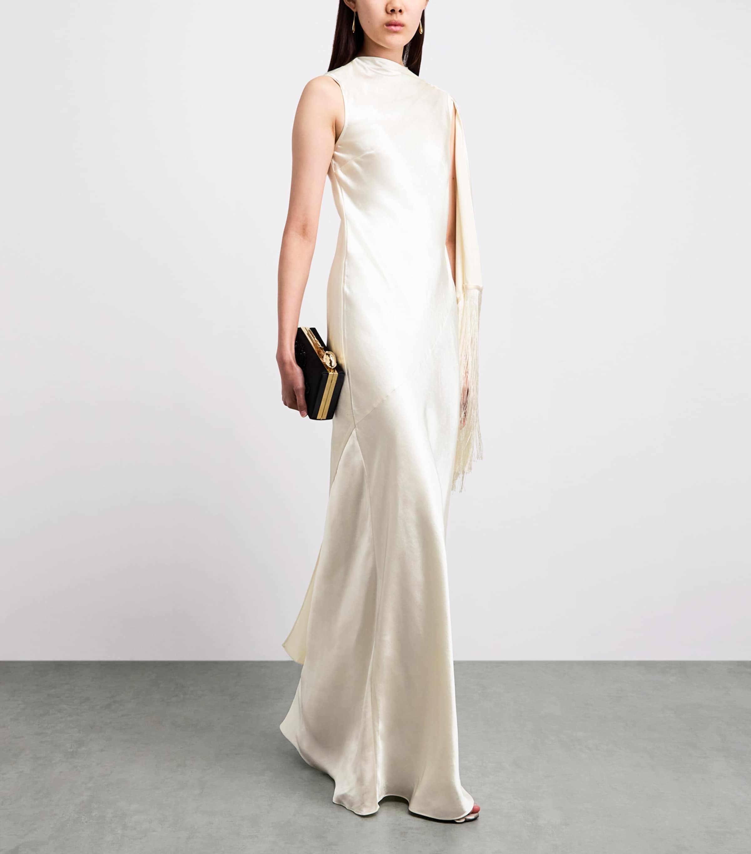 Self-Portrait Womens Satin Fringe Maxi Dress Cream Image 2