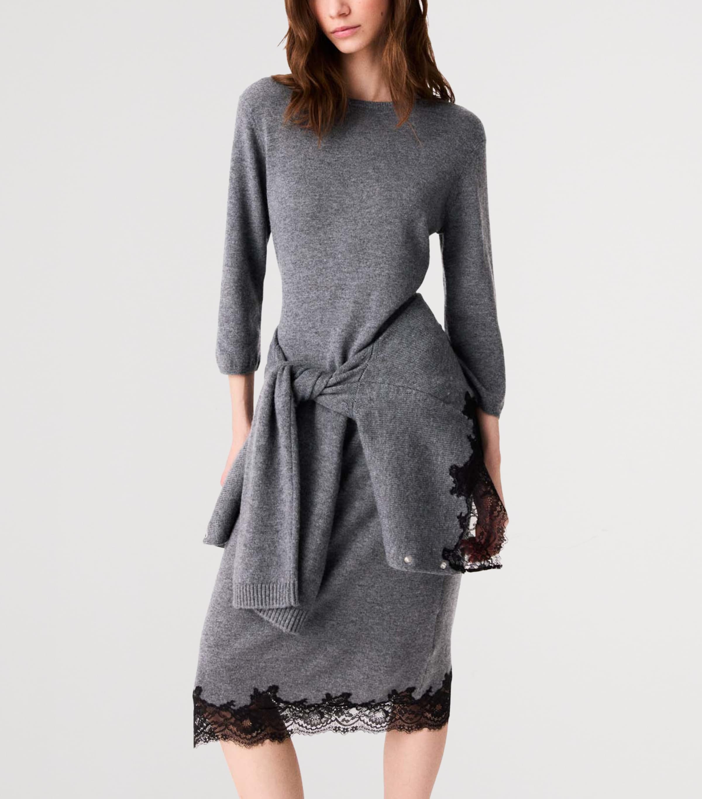 Maje Womens Wool Lace-Trim Midi Dress Grey/black Image 6