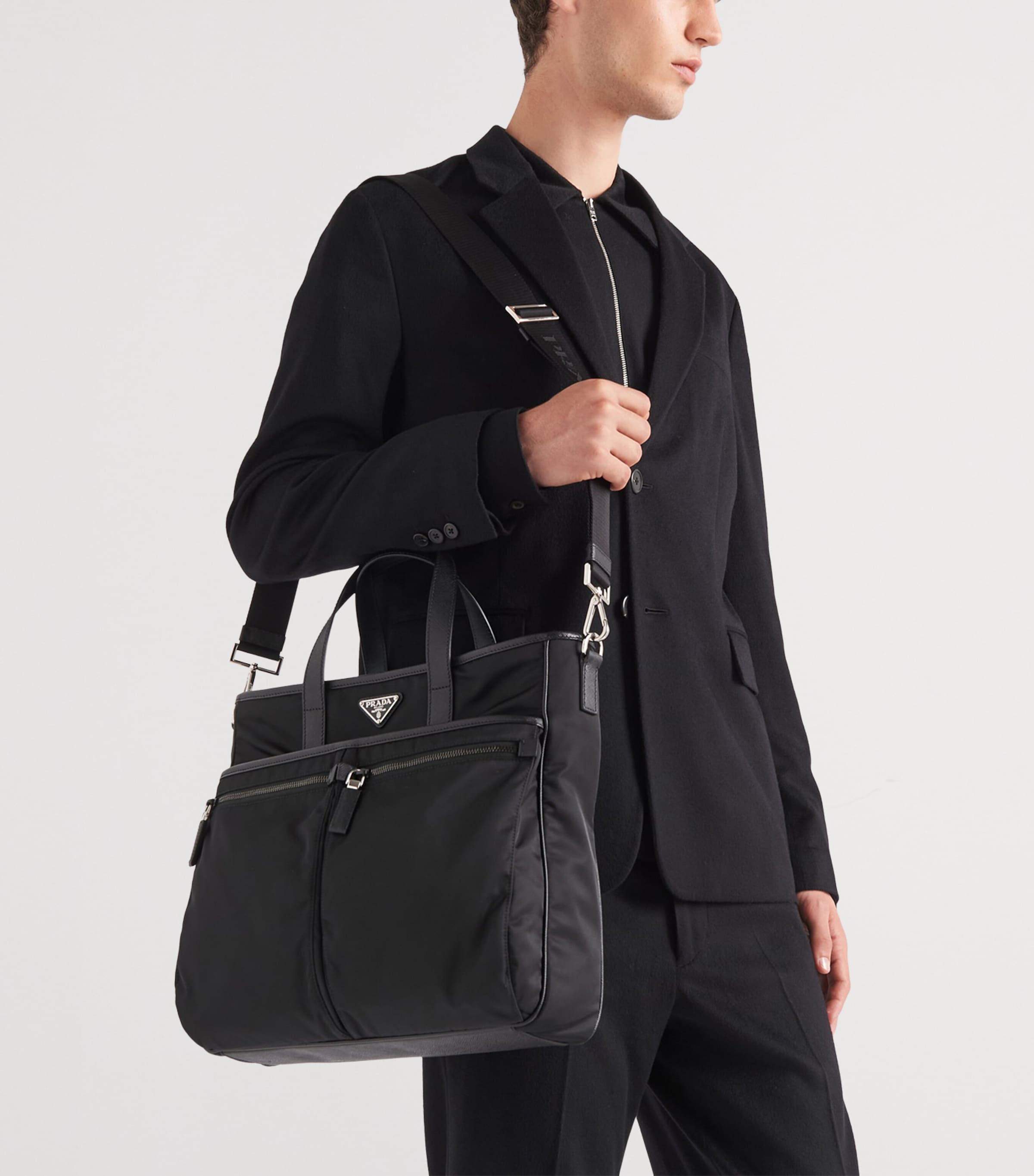 Prada Re-Nylon and Saffiano Leather Tote Bag Black Image 3