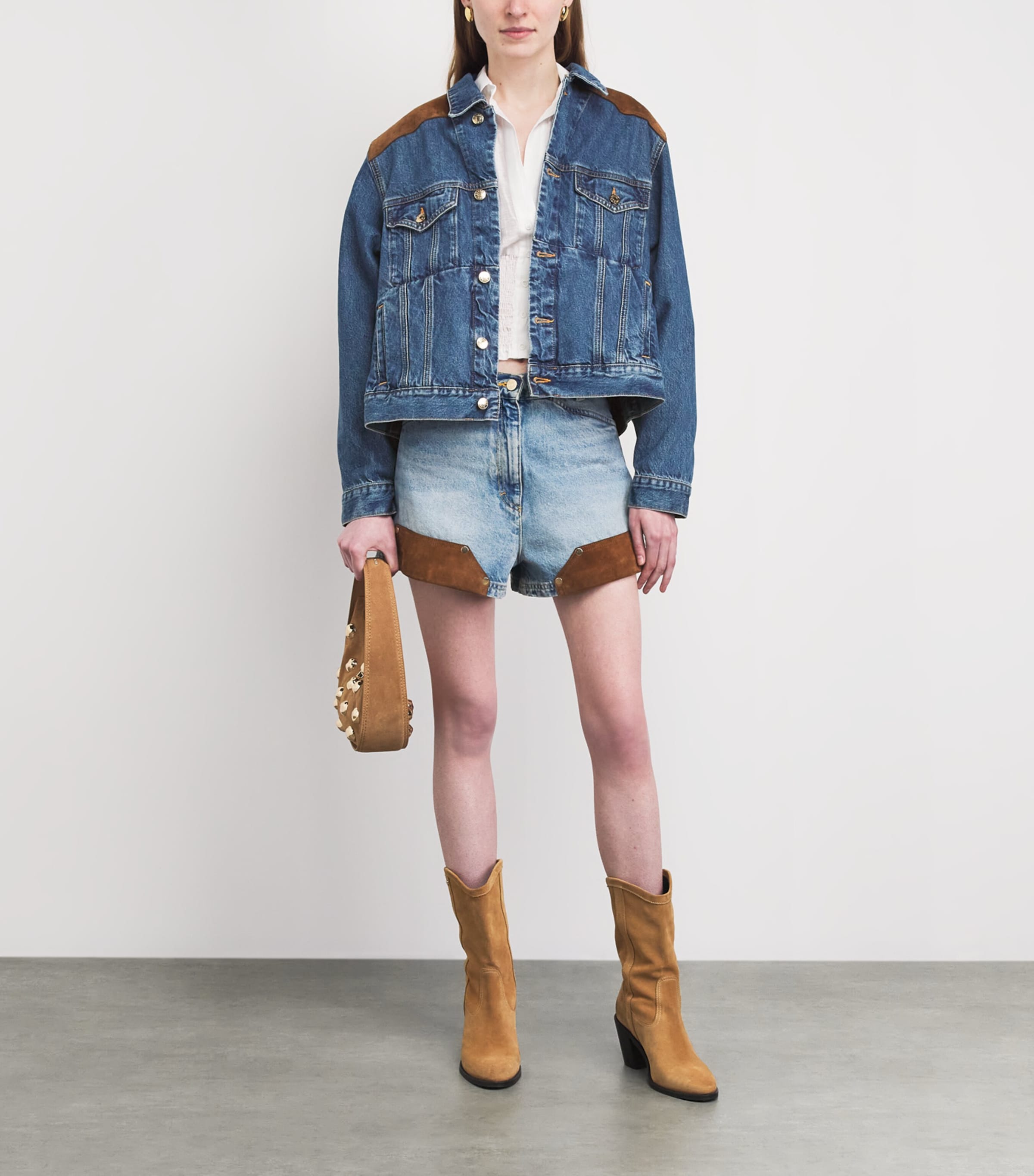 Sandro Paris Womens Suede-Trim Denim Jacket Light Bu Jean Image 2
