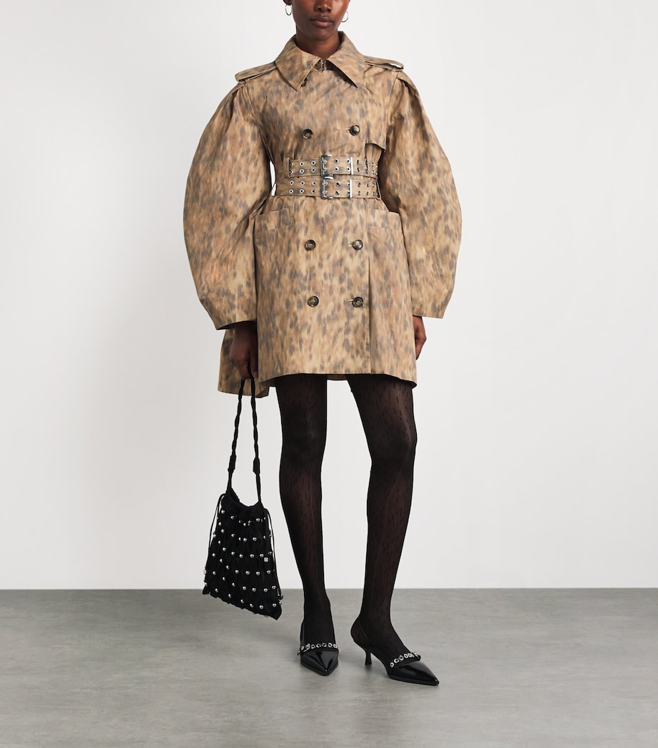 GANNI Womens Stretch-Cotton Leopard Print Belted Trench Coat Zzt Burro Image 2