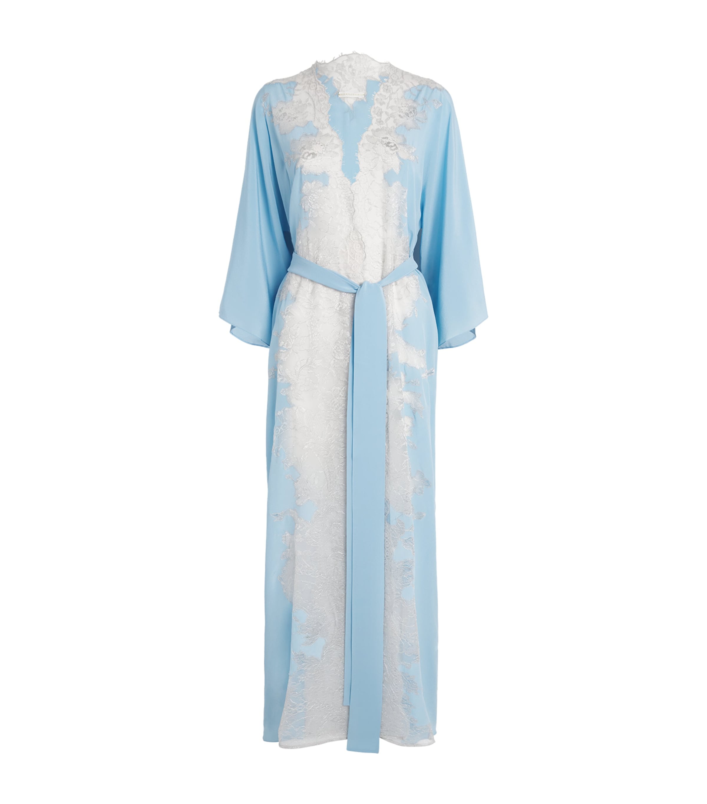 Rosamosario Silk Lace-trim Robe In Blue