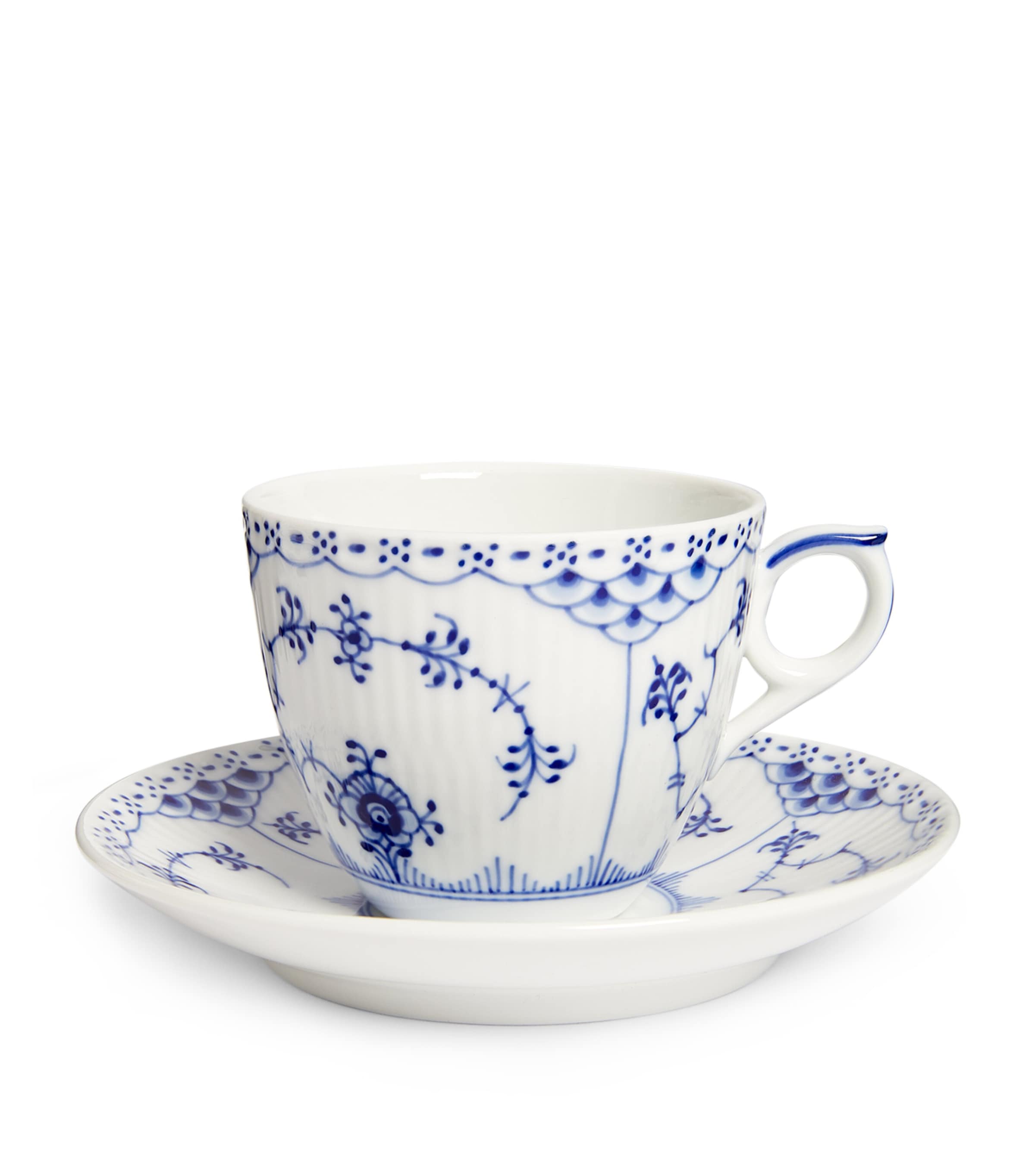 Royal Copenhagen Blue Fluted Half Lace Teacup And Saucer In Blue
