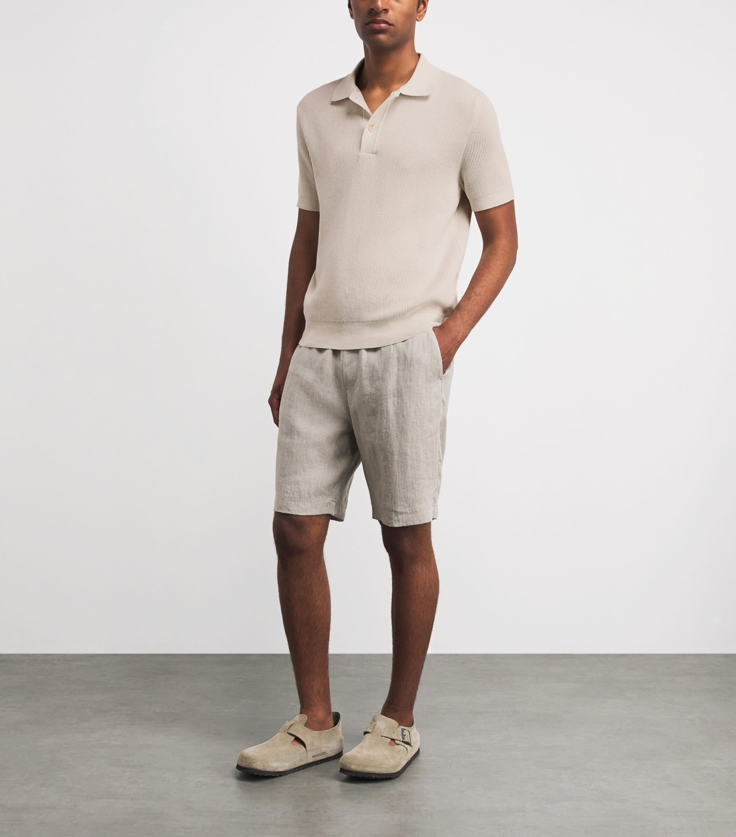 Sunspel Mens Cotton Rib-Knit Polo Shirt Whcr Ecru Image 2