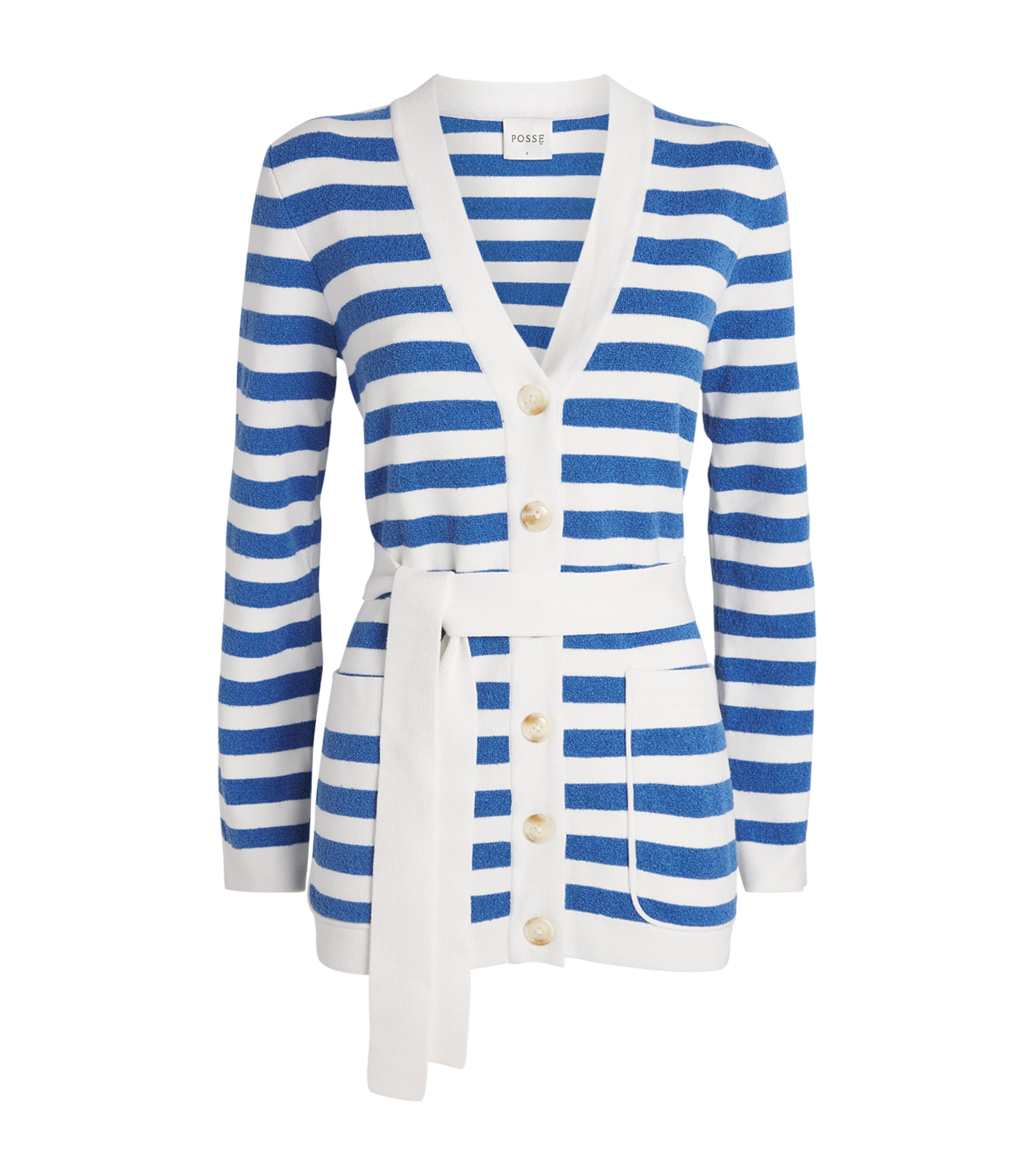 Posse Ari Belted Striped Knitted Cardigan In Blue
