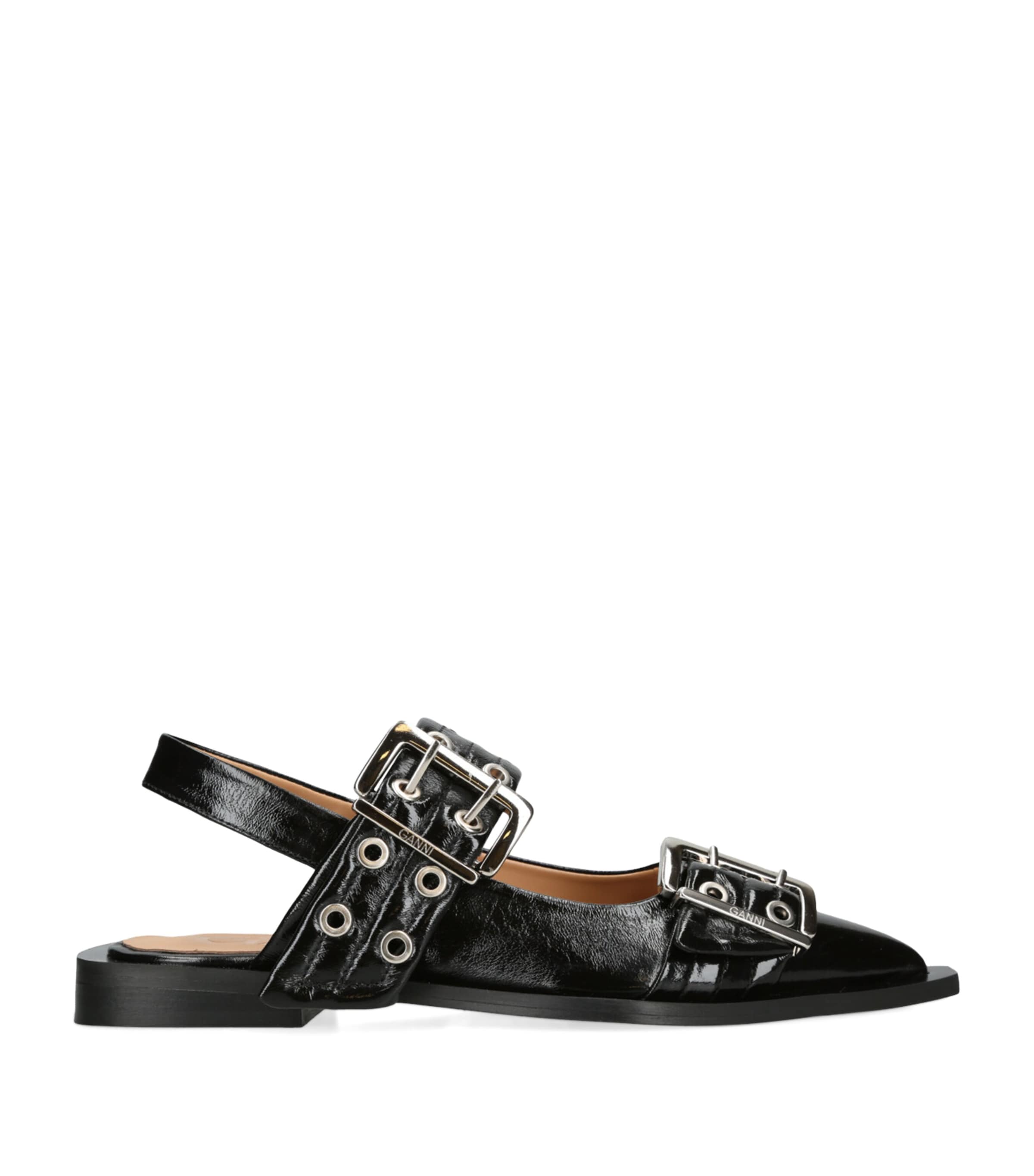 Shop Ganni Leather Buckle Ballet Flats In Black