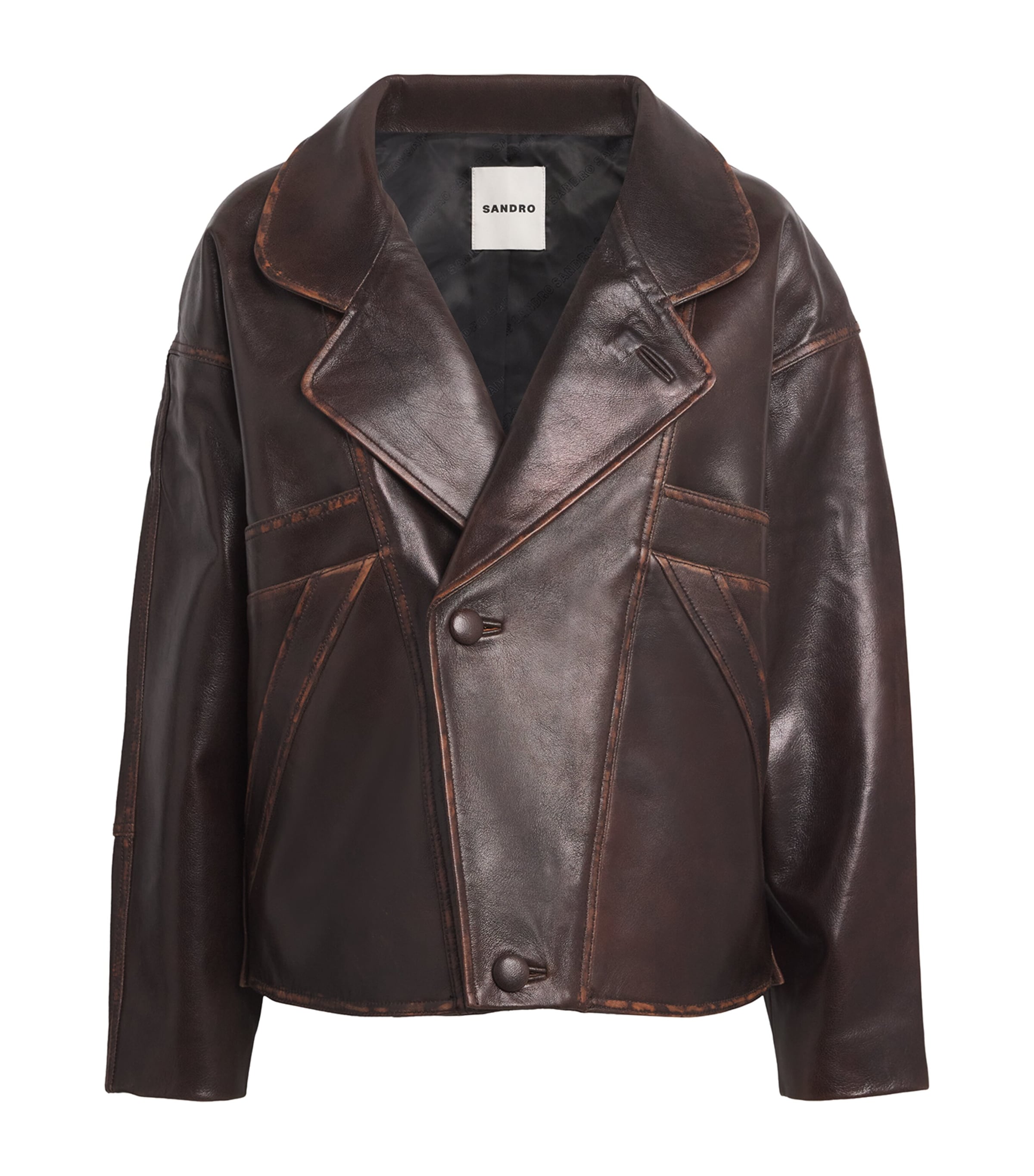 Sandro Paris Womens Double-Breasted Leather Jacket Brown Image 1