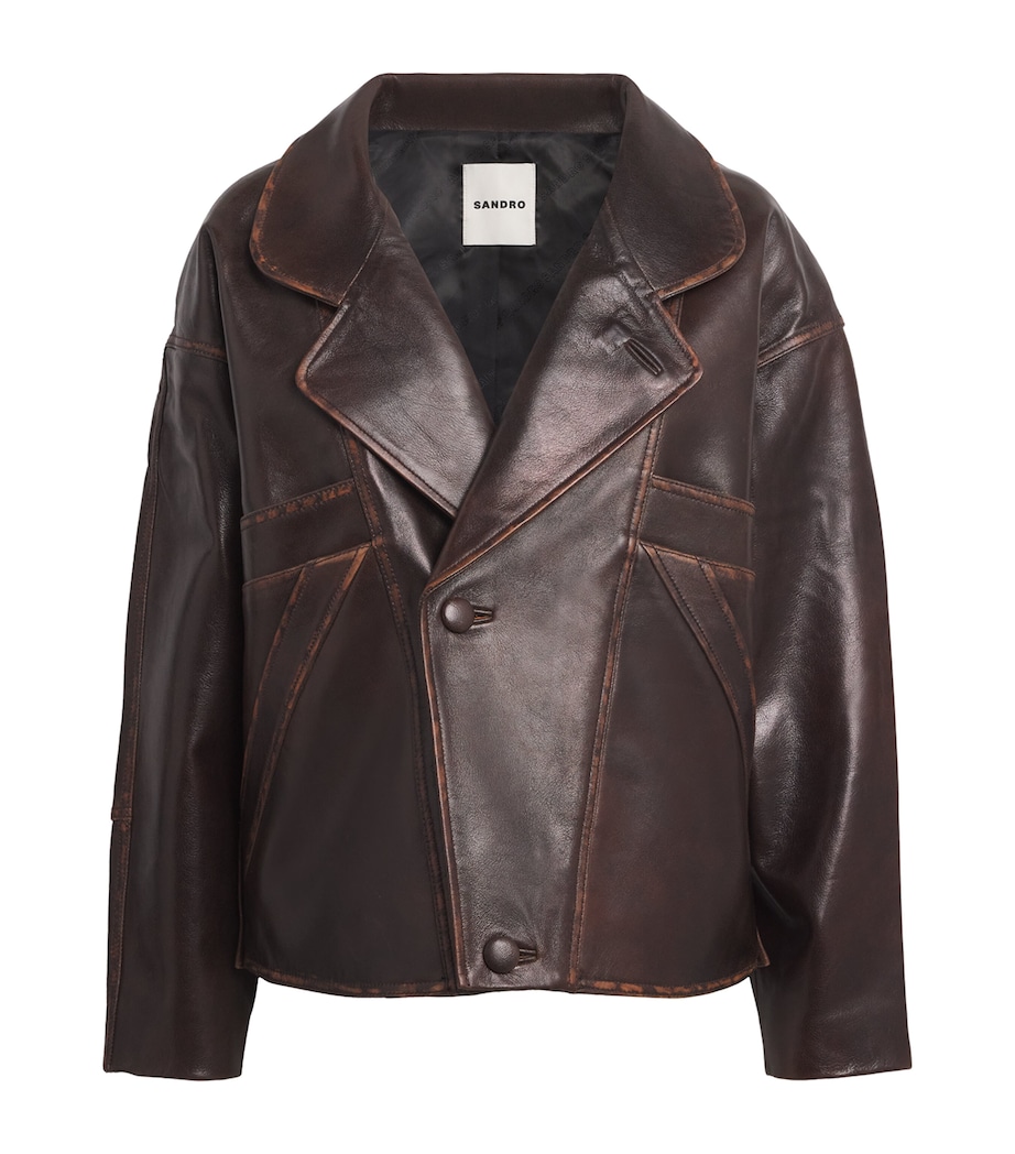 Sandro Paris Womens Double-Breasted Leather Jacket Brown Image 1