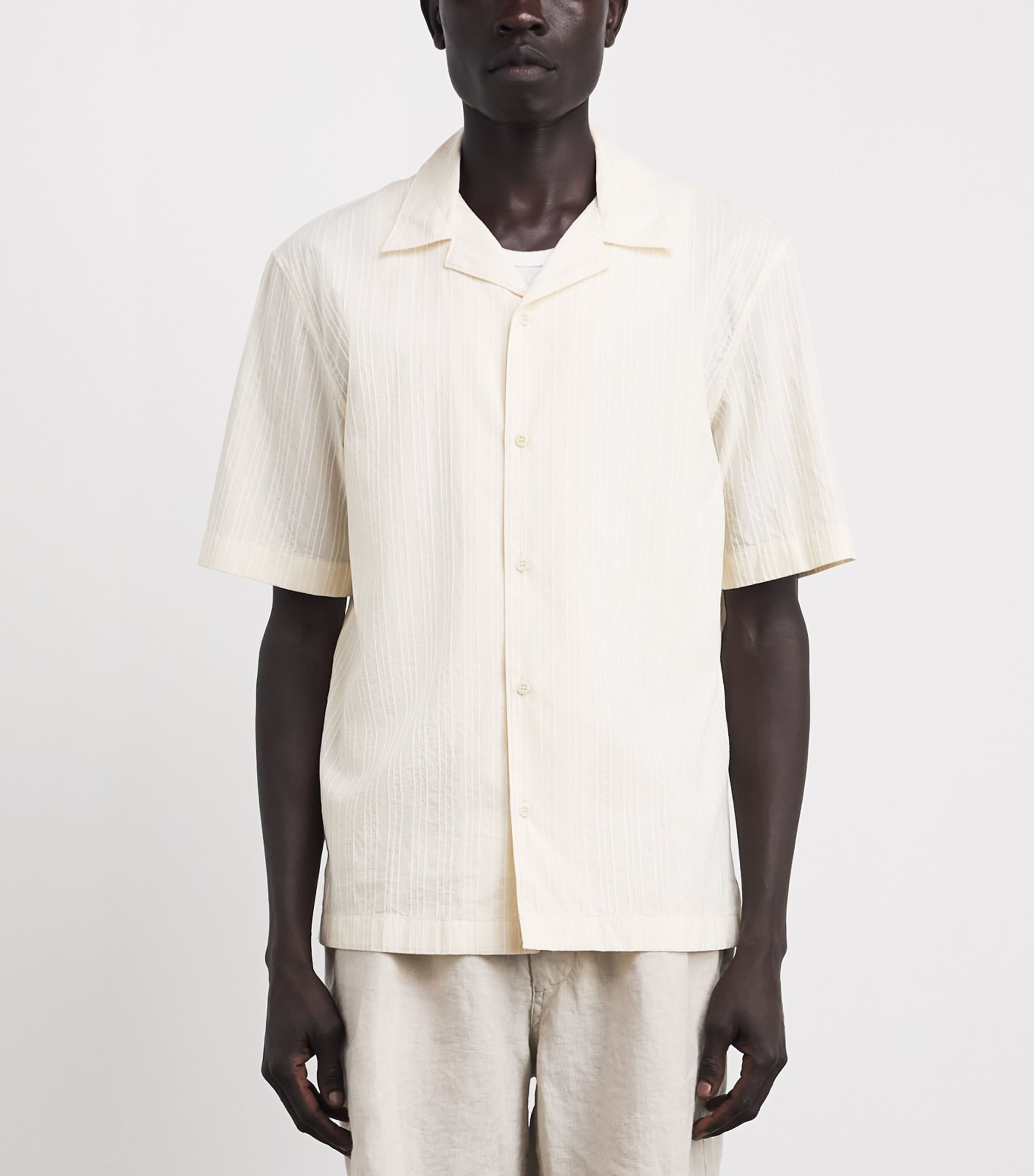 Sunspel Mens Cotton Textured Stripe Shirt Whcr Ecru Image 4