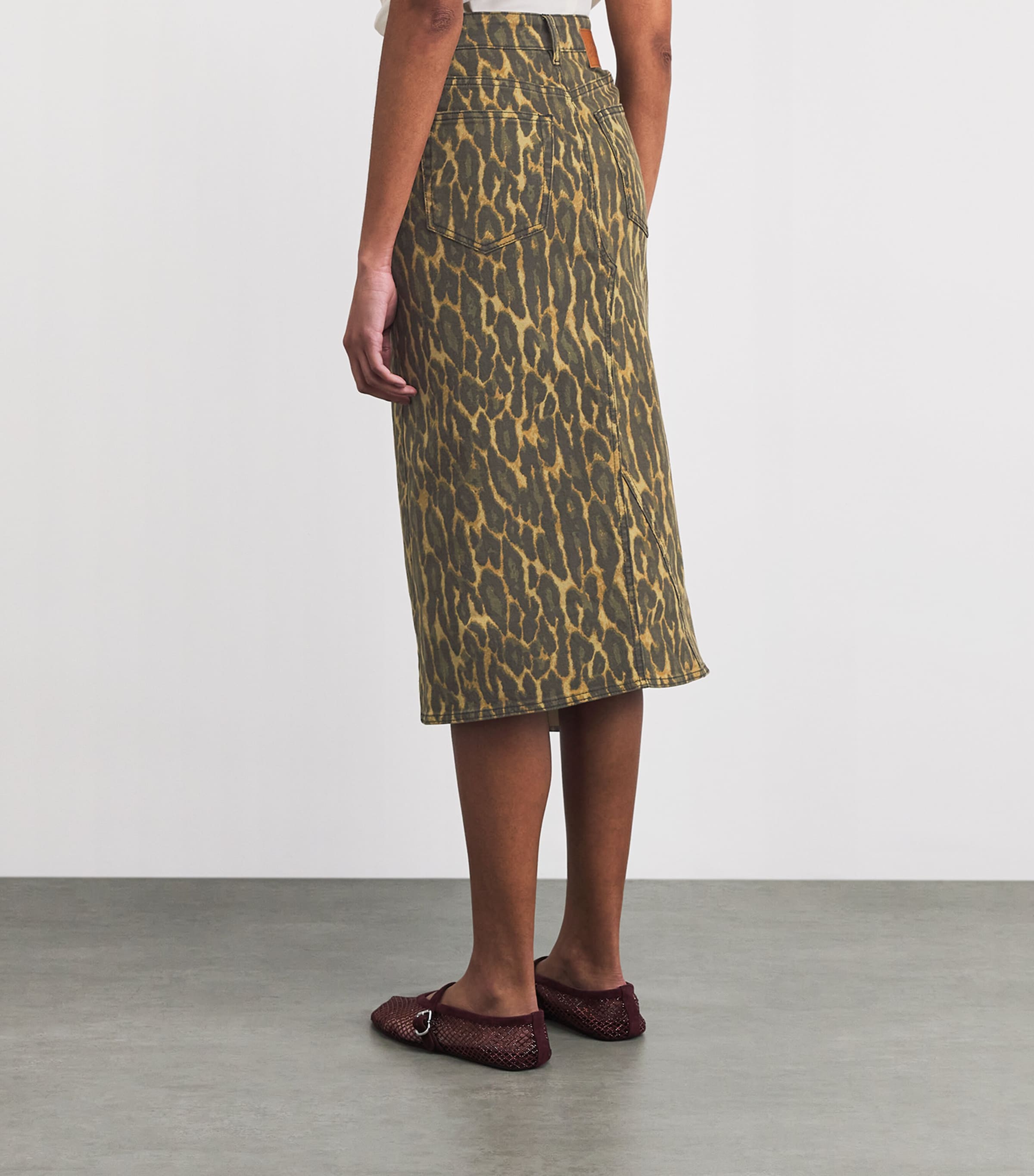 GANNI Womens Leopard Denim Midi Skirt Khaki Image 5