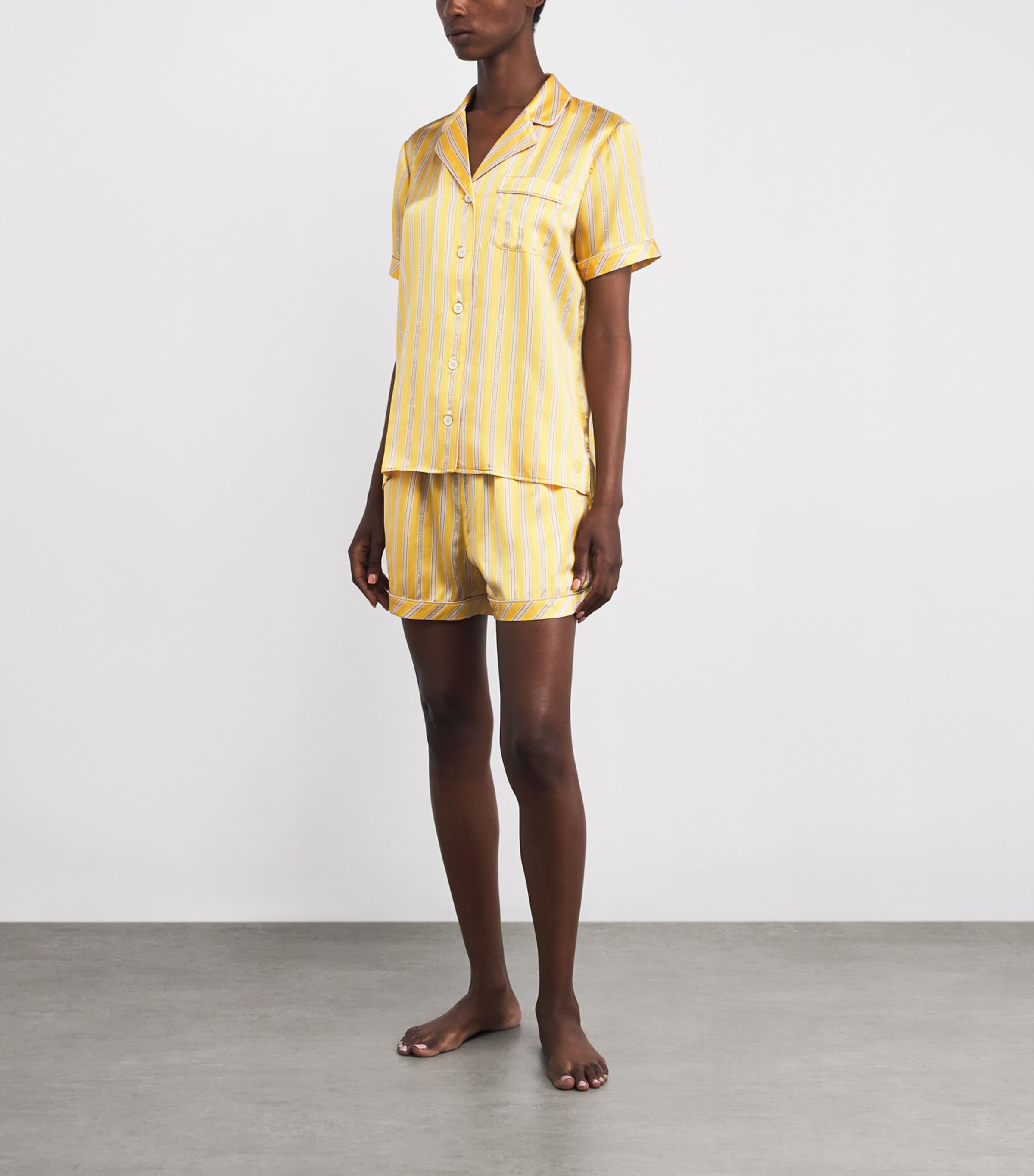 Harrods Womens Silk Stripe Short Pyjama Set Yellow Image 2