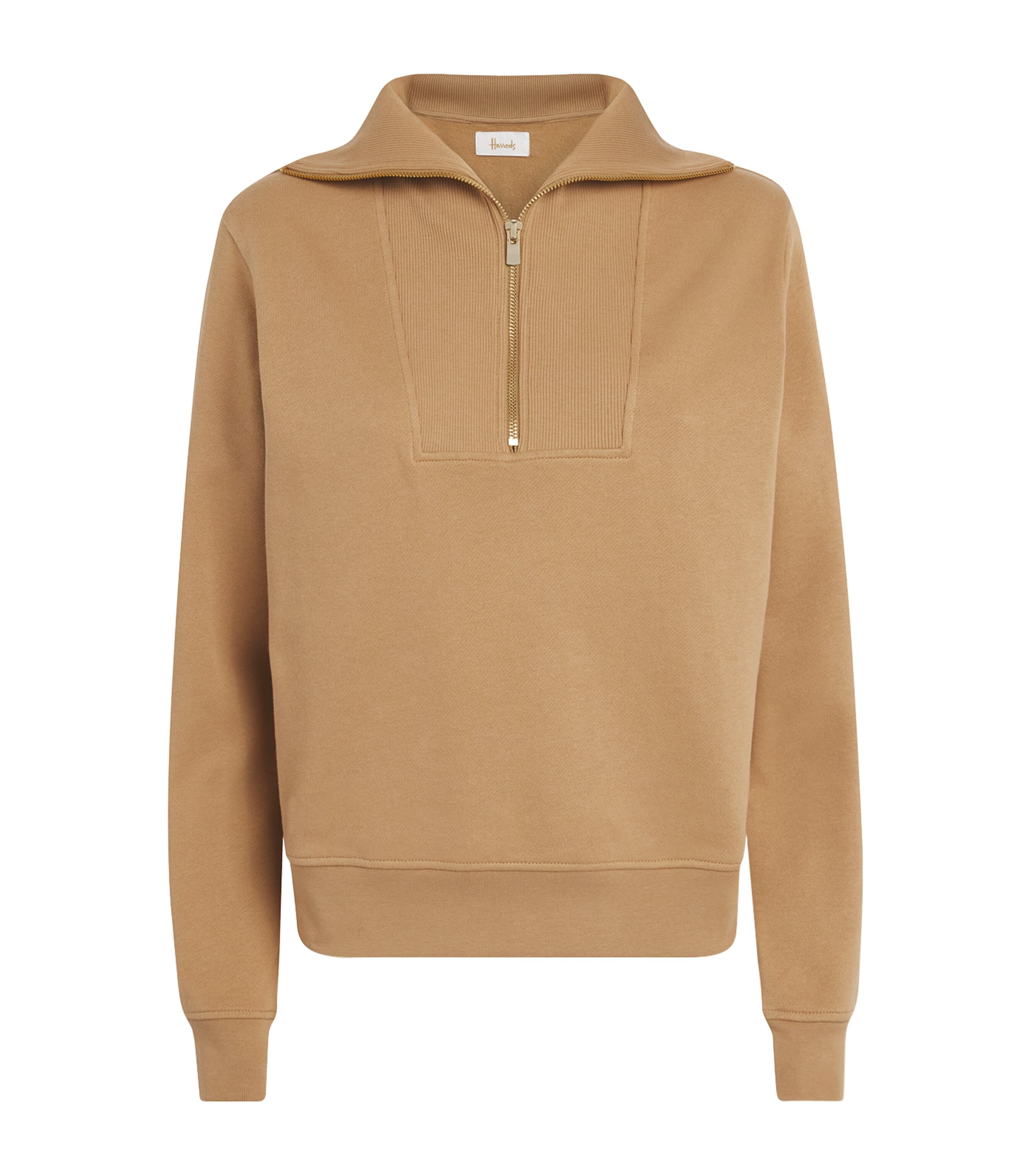 Harrods Womens Cotton Zip-Up Funnel-Neck Sweater Camel Image 1