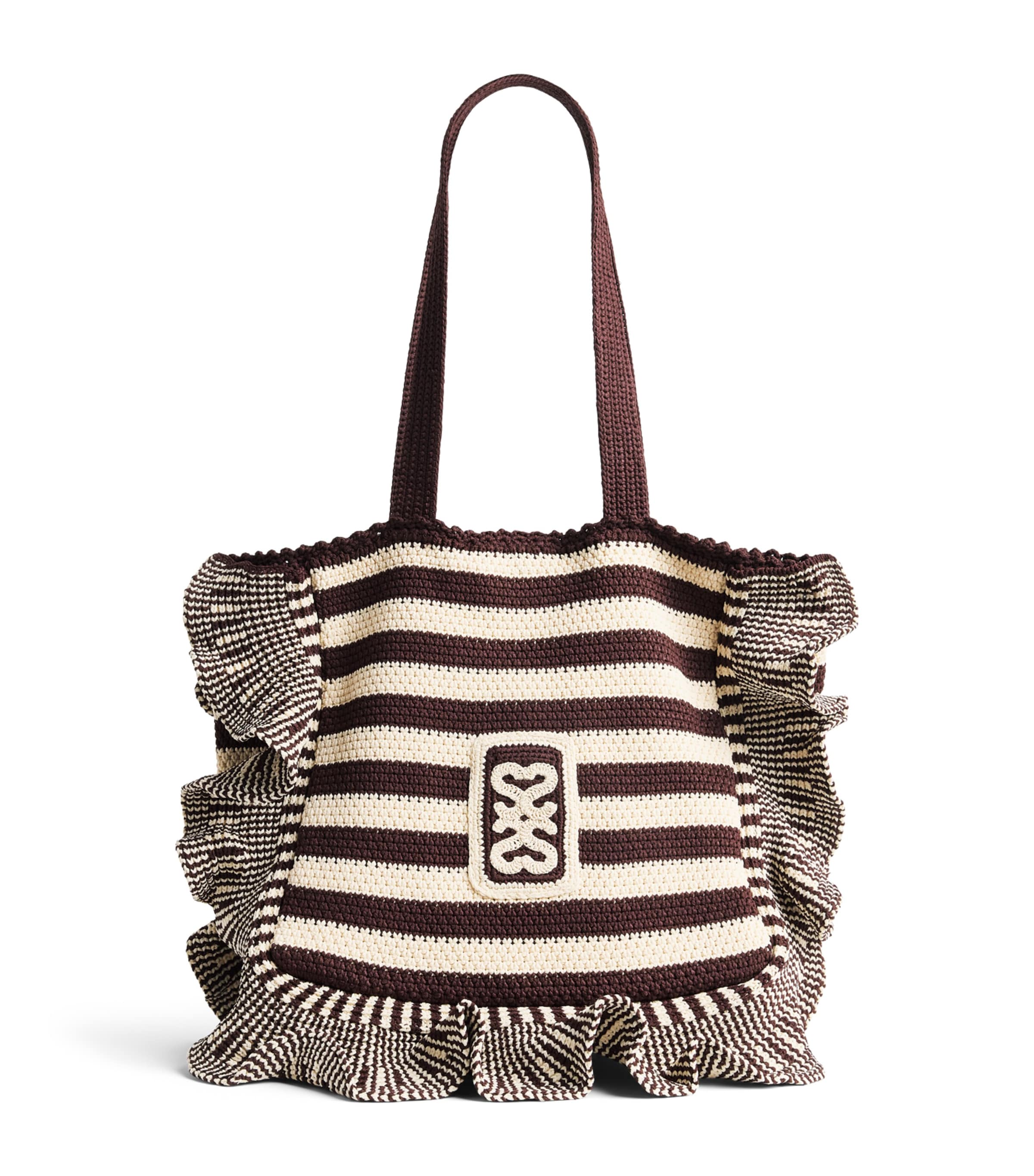 Sandro Paris Crochet Stripe Tote Bag Ecru / Brown Image 1