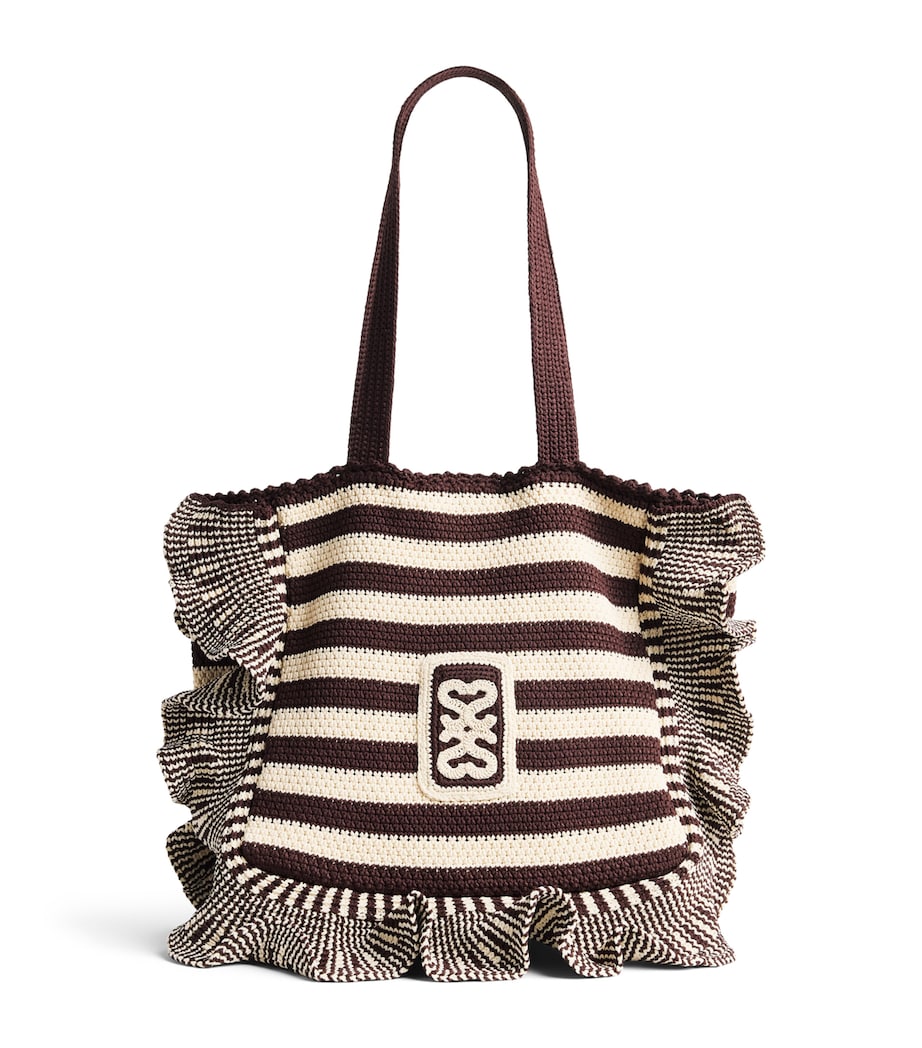 Sandro Paris Crochet Stripe Tote Bag Ecru / Brown Image 1