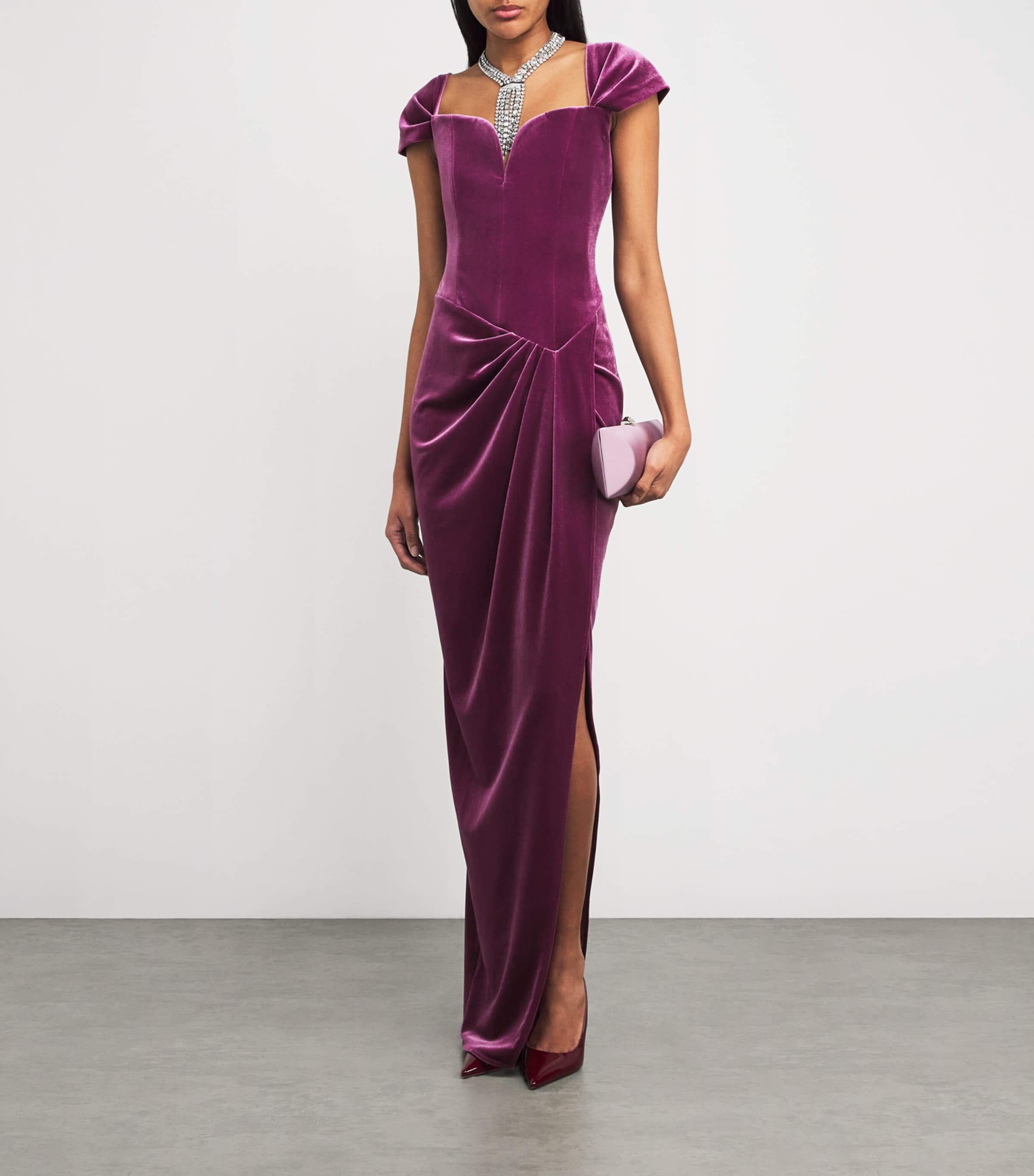 Alex Perry Womens Stretch-Velvet Asymmetric Gown Plum Image 2