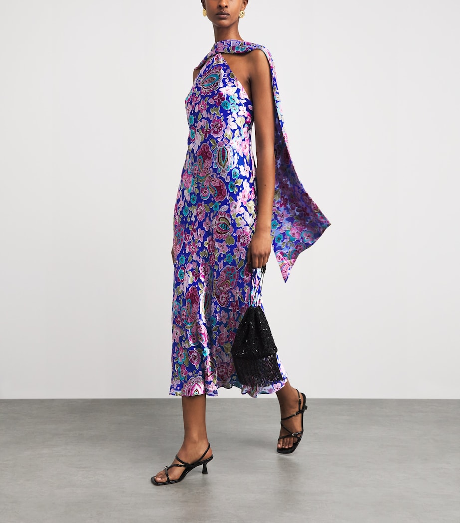Rixo Womens Satin-Silk Hailey Midi Dress Cara Flrl Dvore Blue Image 2