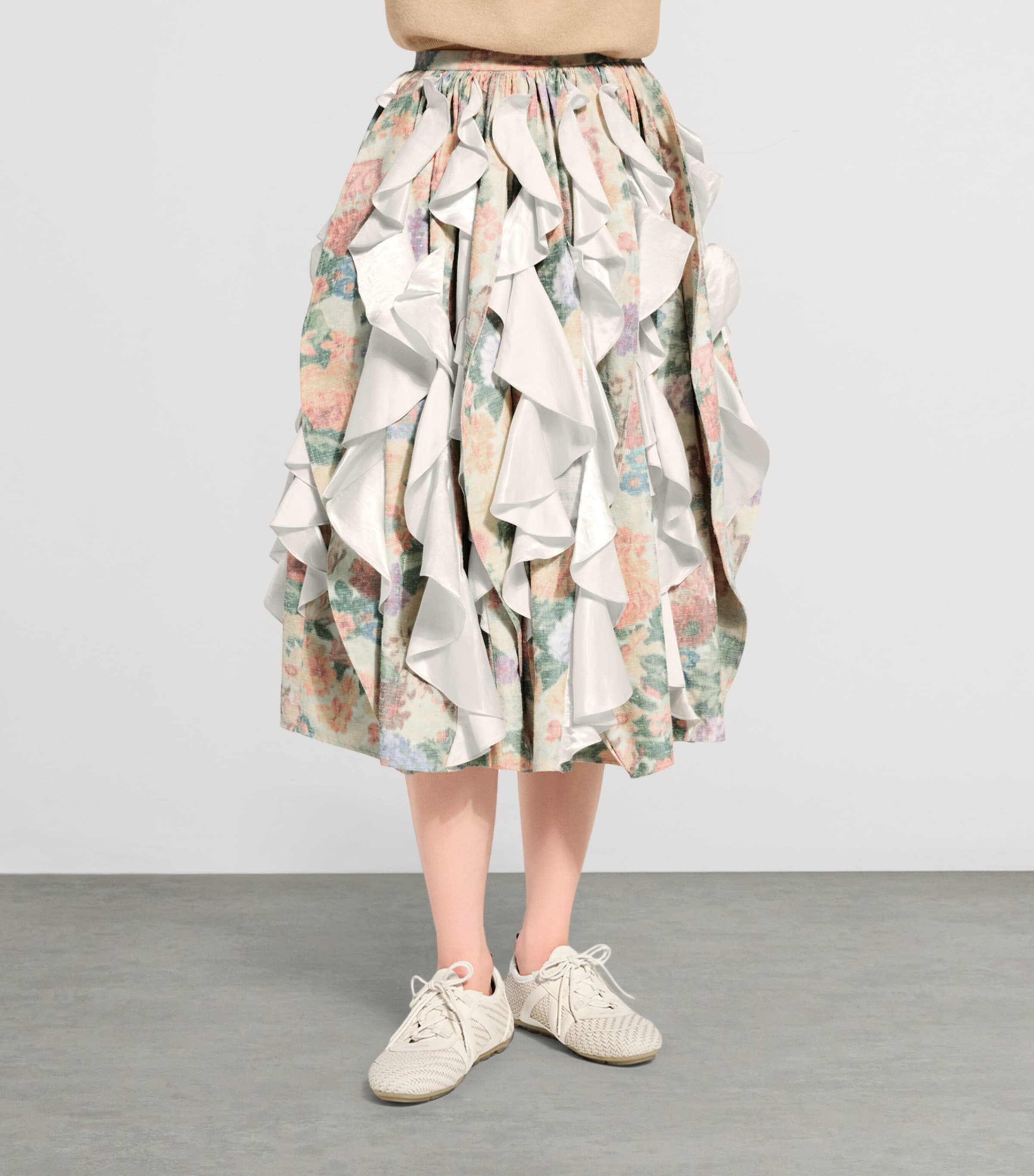LOUIS VUITTON Womens Floral Ruffle-Insert Midi Skirt Beige Image 3