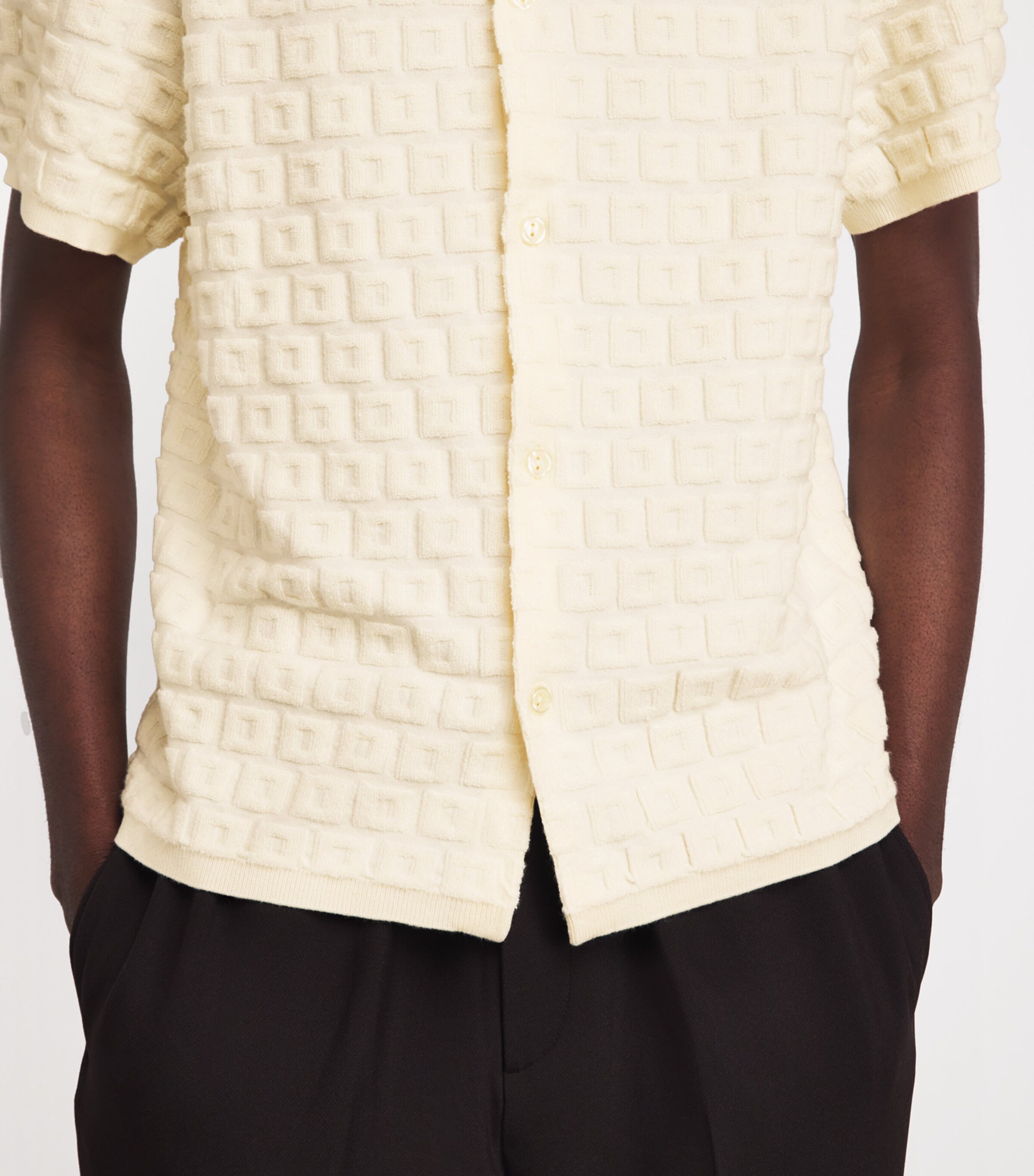 Sandro Paris Mens Terry Knit Jacquard Short-Sleeve Shirt Ecru Image 3