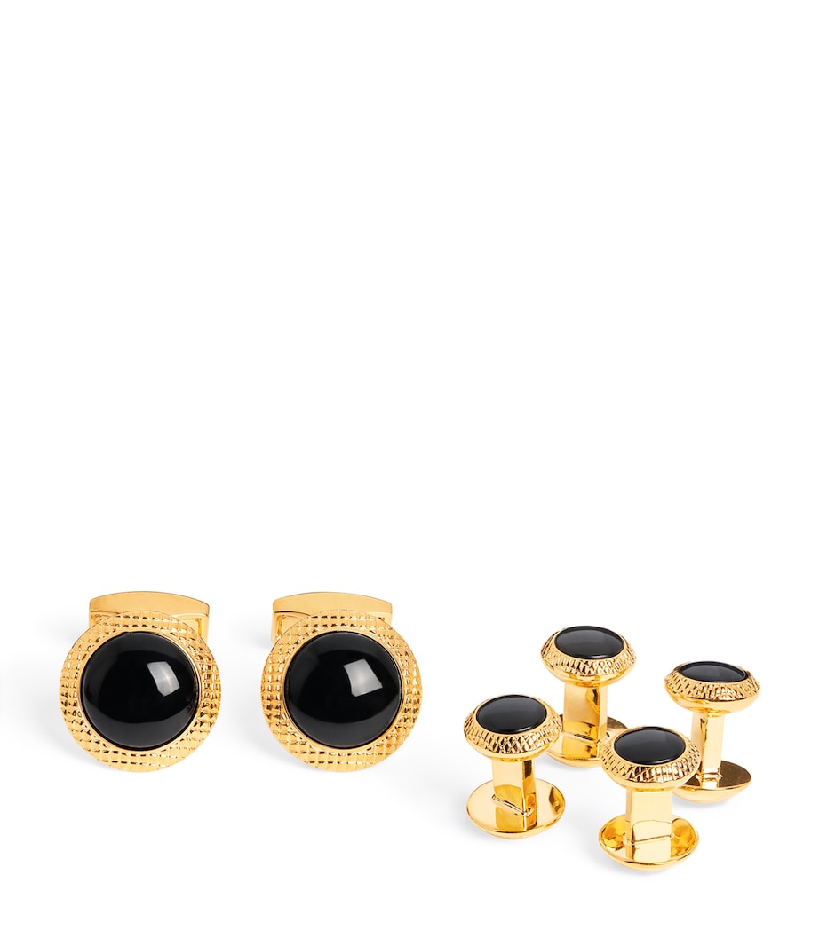 Black Onyx Bullseye Cufflinks And Studs Set YELLOW GOLD COLOUR Image 1