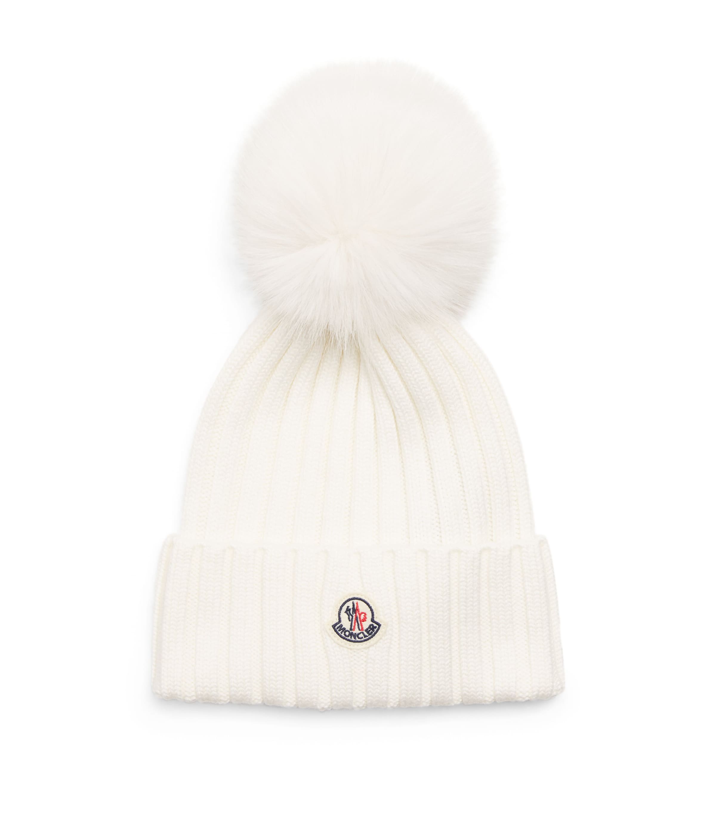 Moncler Logo Extrafine Wool Pom Pom Beanie In White