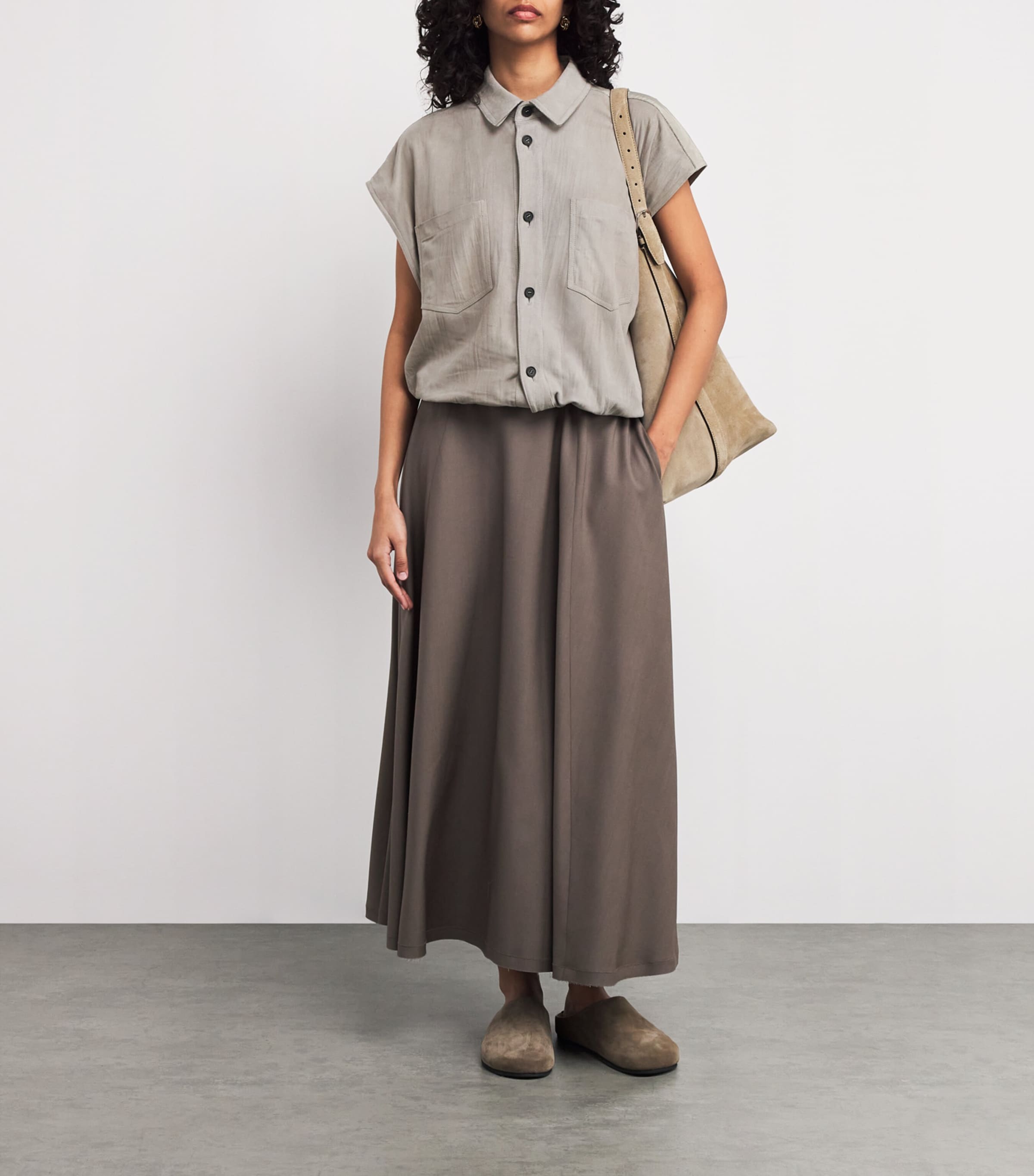 Fabiana Filippi Womens Suede Cap-Sleeve Shirt Argilla Image 2