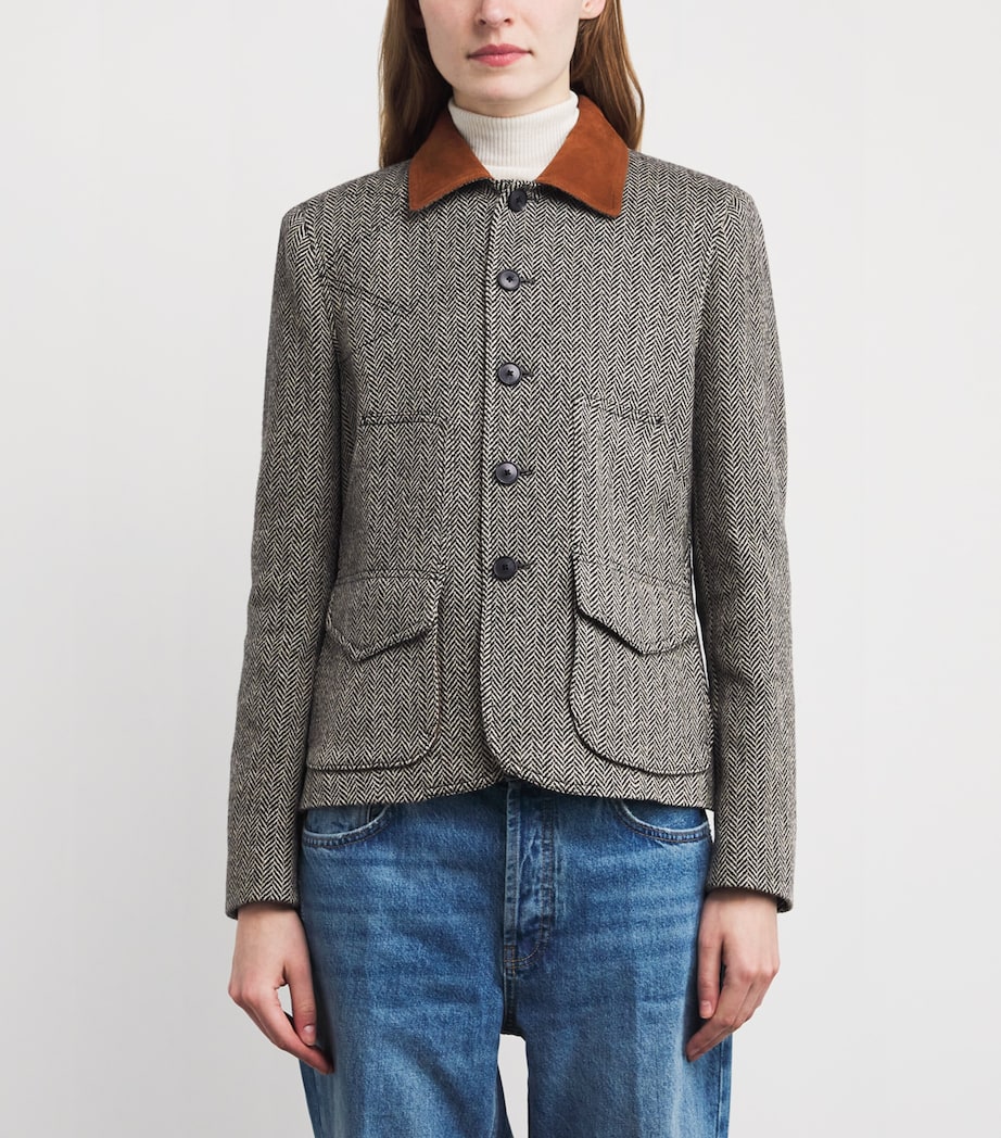 Wool-Blend Herringbone Suede-Trim Jacket BLACK/ CREAM HRRNGBN Image 3