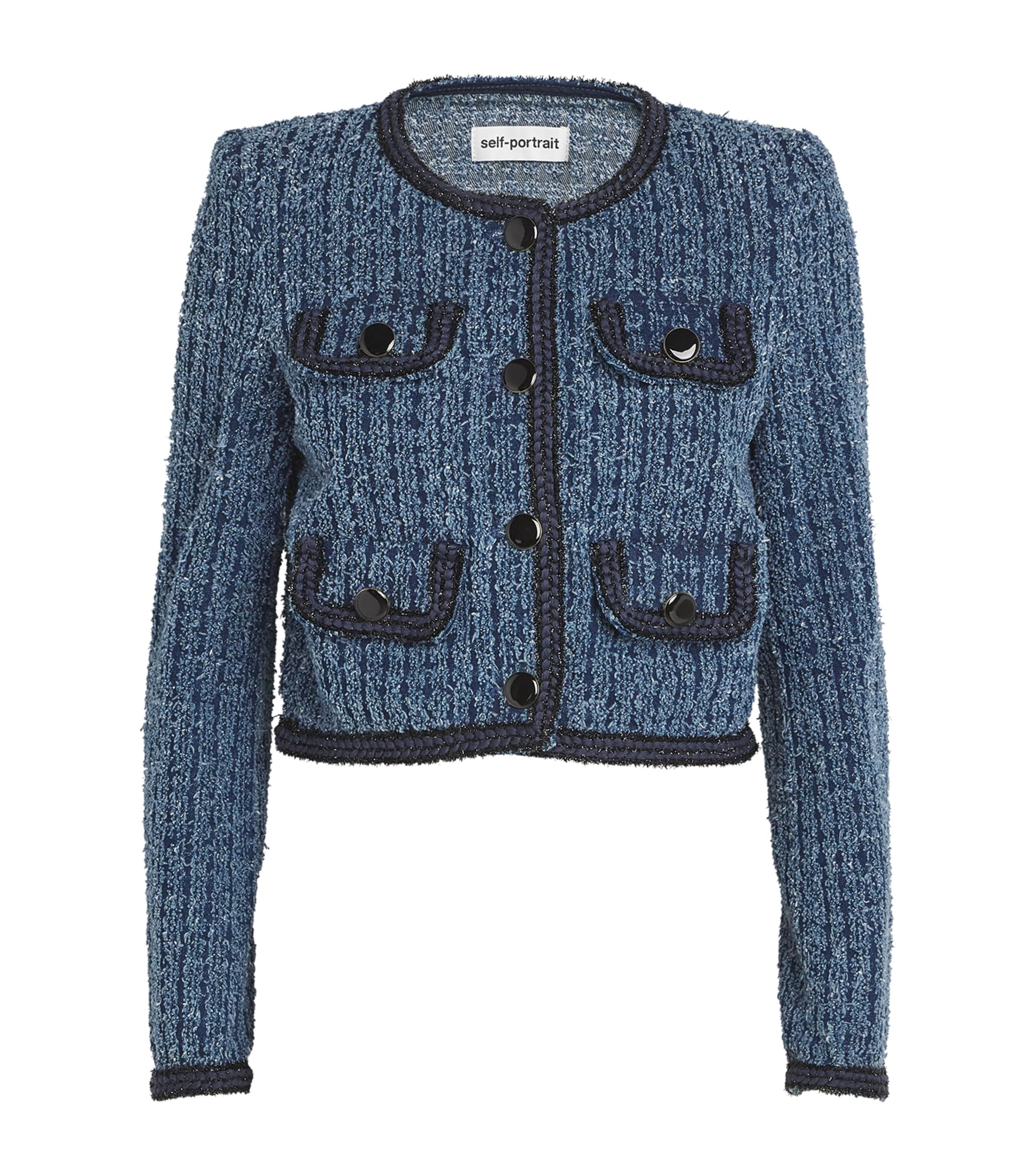 Shop Self-portrait Denim Textured Jacket In Blue